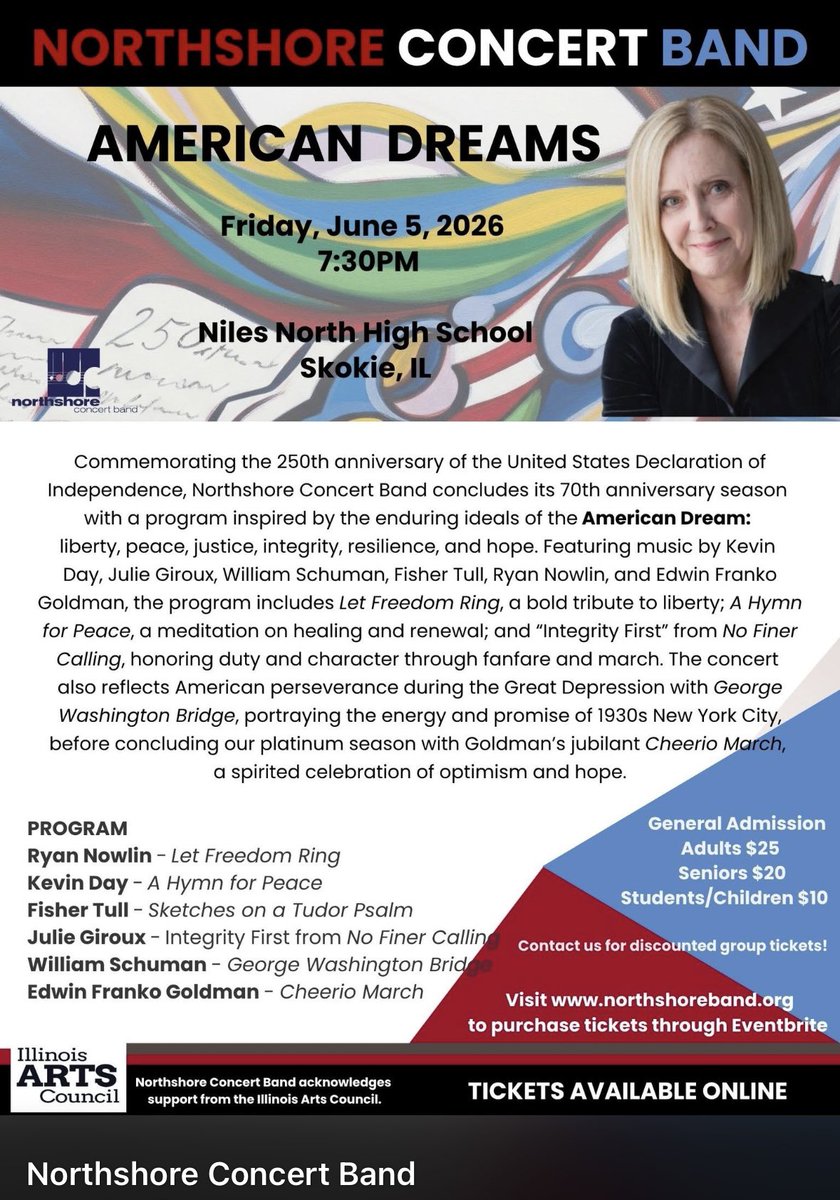 MichaelHeimlich's tweet photo. This Friday night 7:30pm “June 5, 2026 - American Dreams - Northshore Concert Band” @northshoreband https://t.co/4bObddcQXU at Niles North High School in Skokie, Illinois USA - Live Music Performance #ConcertBand #NorthshoreConcertBand #LiveMusic 
#Band #Music #LivePerformance https://t.co/HBEw7KfyB0