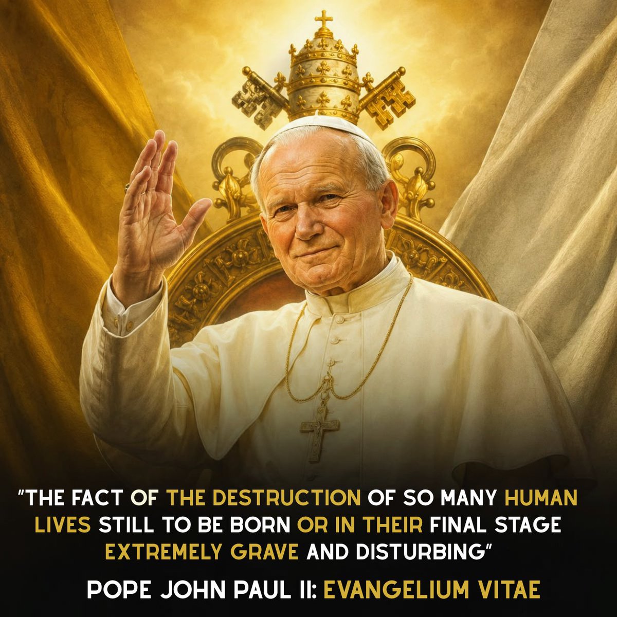 CatholicDeacon's tweet photo. John Paul II warned us. 

When a culture loses sight of the dignity of the human person, the weakest are the first to suffer:  

The child in the womb. 
The elderly. 
The sick. 
The disabled. 
The lonely. 
The person the world calls inconvenient.  

Evangelium Vitae is more than a pro-life document. 

🚨It is a spiritual alarm.  

Human life is not sacred because it is strong, useful, productive, wanted, or healthy.  

❤️ Life is a gift from God, and every person is special because they are loved and wanted by Him.

We are all made to be with God forever, and that's what makes life so precious. 💪

A civilization is judged by how it treats the lives that cannot defend themselves.  

The Church will never grow quiet about this.  

From conception to natural death:  

❤️ Life is sacred. 
❤️ Life is a gift. 
❤️ Life belongs to God.