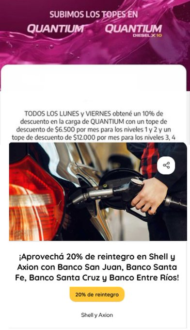 ahorrotwit's tweet photo. ⛽🔥 NAFTA CON DOBLE DESCUENTO
En #Axion y #Shell 👇
Con @MODO_Arg + crédito de
#BancoSantaCruz #SanJuan #EntreRios #SantaFe 💳
👉 10% OFF
💸 Tope $10.000/mes
🔥 20% OFF #Platinum / #Signature
💸 Tope $20.000/mes
💥 Y además podés sumar esto 👇
👉 +10% extra con #Quantium
💸 Tope $6.500 / $12.000 según nivel
