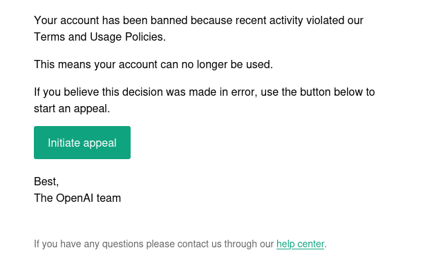 SolutionsCay's tweet photo. Banned! 

Just "Initiate appeal" bro.

What about "Initiate Refund" @OpenAI 🤡 https://t.co/5wjbQMRedf