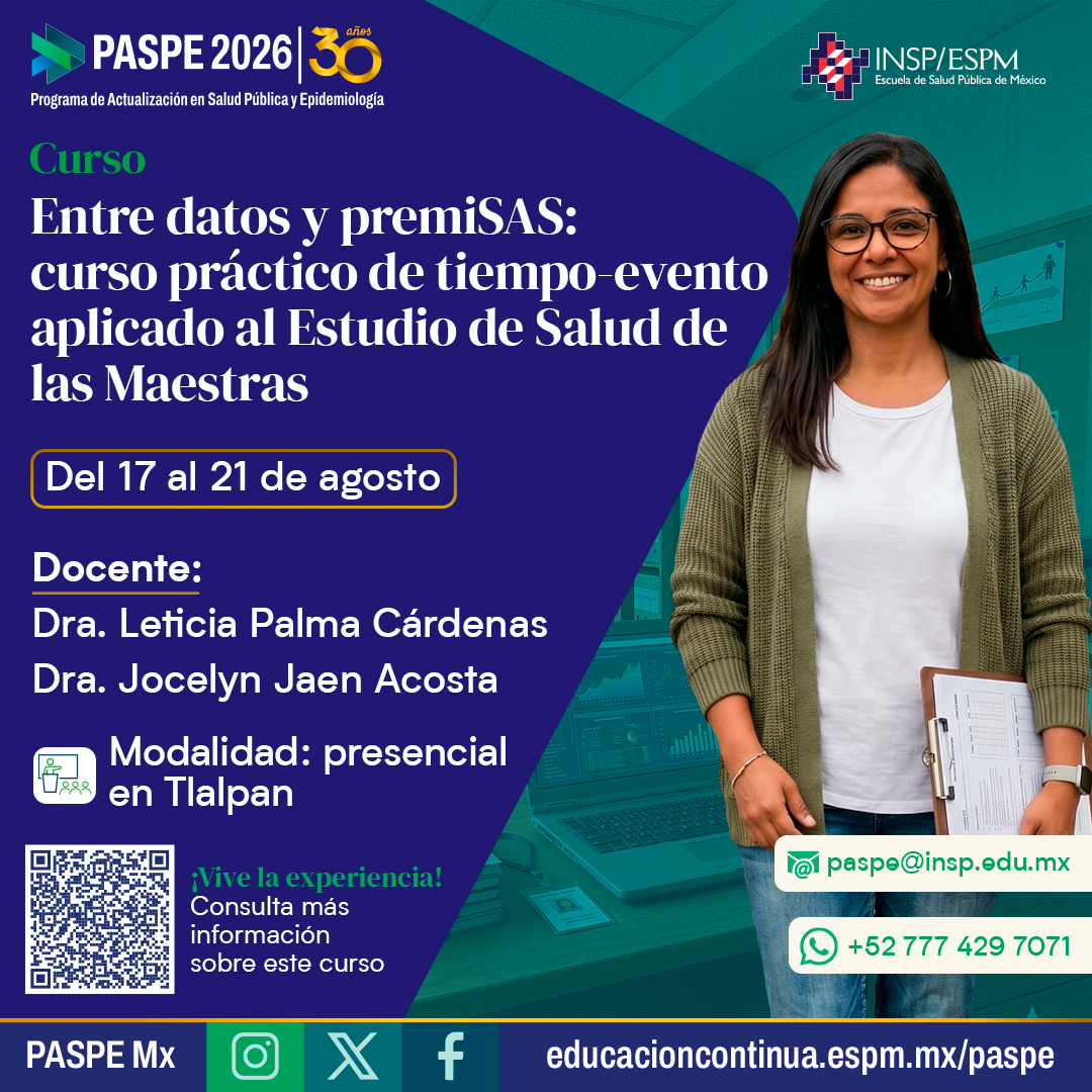 PASPEMx's tweet photo. #CursosPASPE 📚 Analiza datos de tiempo-evento para comprender procesos de salud en poblaciones específicas ⏳ Aplica herramientas estadísticas para el estudio de eventos en el tiempo y su relación con la salud de las maestras 👩‍🏫✨

🔗 https://t.co/Dc1VST0shC https://t.co/ow5BBG8ZU5
