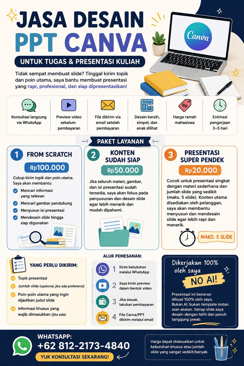 Kayleengab's tweet photo. Masih sibuk ngerjain tugas tapi PPT belum jadi? 👀

Saya buka jasa desain PPT Canva mulai dari Rp25.000.

✅ Dikerjakan 100% oleh saya (No AI)
✅ Preview sebelum bayar
✅ Harga ramah murid &amp; mahasiswa
✅ Bisa dari scratch atau konten sudah siap

WA: +62 812-2173-4840

#zonauang https://t.co/Bwbszf4r3g