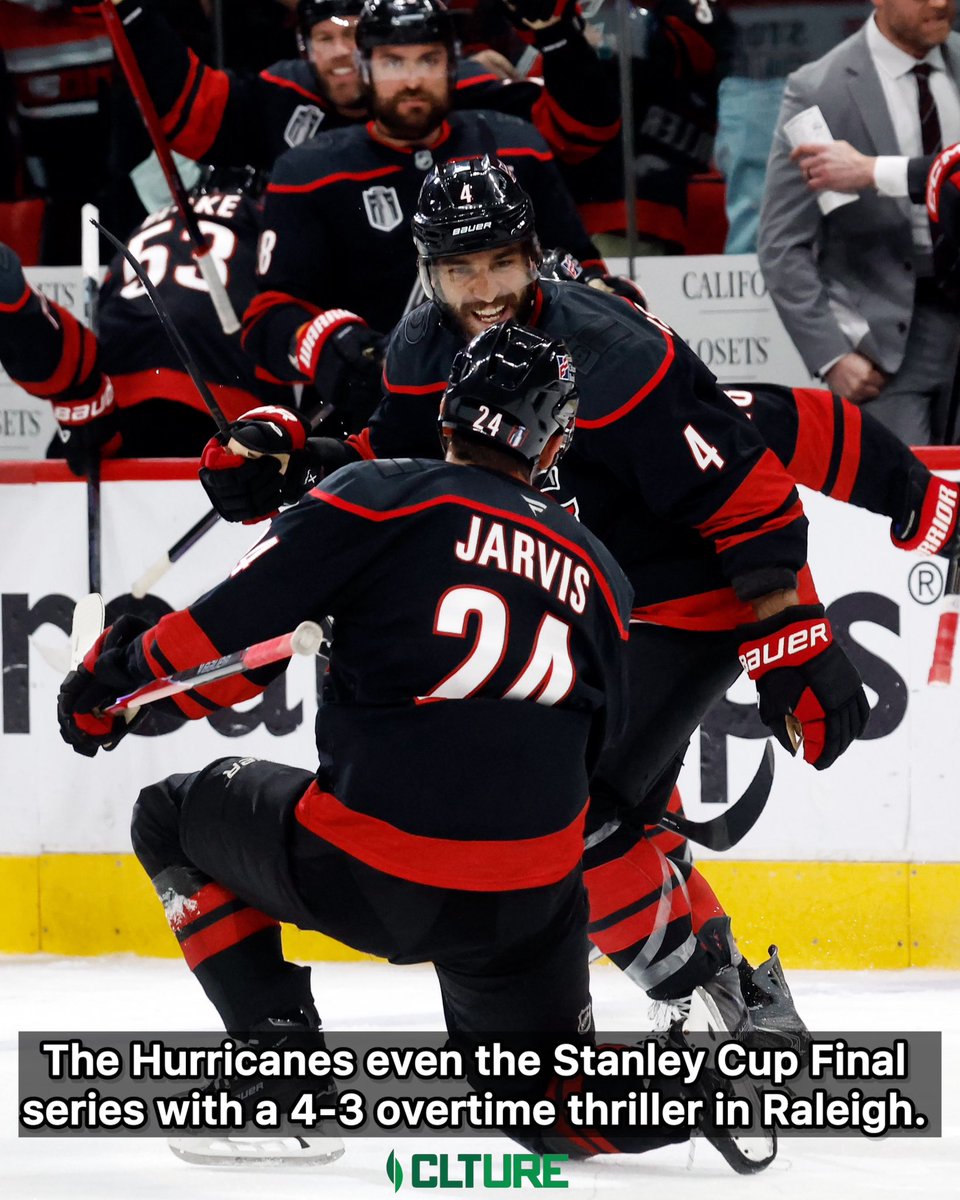 CLTure's tweet photo. The Hurricanes have tied the Stanley Cup Final with a Seth Jarvis goal in overtime, winning 4–3 in another thrilling game in Raleigh.

Vegas struck first when Brett Howden opened the scoring in the first period off a Mitch Marner assist, giving the Golden Knights a 1–0 lead after a fast-paced but scoreless opening frame.

Vegas extended the lead to 2–0 after another Howden goal midway through the second period, but the Hurricanes came roaring back in the third. Logan Stankoven sparked the comeback with a backhand goal to get Carolina on the board, followed by Mark Jankowski tying the game at 2–2. 

Jordan Staal then gave the Hurricanes their first lead of the night with a tip-in, completing a three-goal surge.

Vegas refused to go away, with just over a minute remaining in regulation, Mark Stone buried a backhand goal off a Mitch Marner setup to tie the game 3–3 and force overtime.

In overtime, both teams traded chances, but Carolina sealed the win when Seth Jarvis scored 3:56 into the extra period off a setup from Shayne Gostisbehere and Sebastian Aho, lifting the Hurricanes to a 4–3 victory and tying the Stanley Cup Final at one game apiece.

Game 3 will take place in Vegas on Saturday, June 6 at 8 p.m. at T-Mobile Arena.

📸: Karl B. DeBlaker / AP