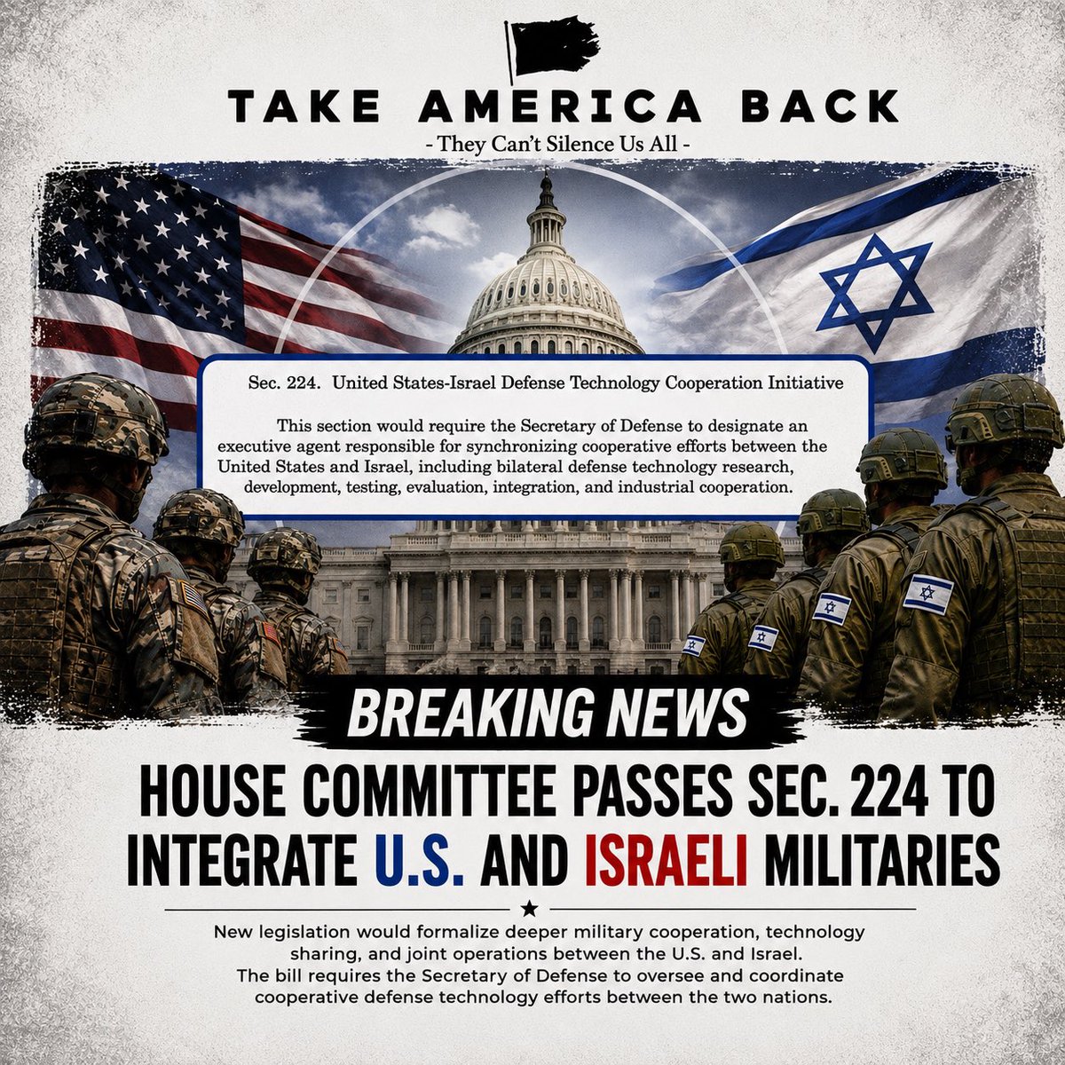 t8keamericaback's tweet photo. The United States should never be integrating its military technology, operations, and strategic planning so deeply with any foreign nation. History has shown that even allies pursue their own national interests first, and they should. That’s why America must do the same.

Supporters say this bill strengthens cooperation and innovation. Critics argue it creates unnecessary dependence, increases the risk of sensitive intelligence leaks, and blurs the line between American interests and the interests of another country.

The reality is that intelligence agencies spy, even on allies. There have been documented cases over the years where Israeli intelligence operations have been accused of targeting U.S. communications and sensitive information. That’s not unique to Israel; nations gather intelligence because that’s what nations do.

America First means protecting American technology, American military capabilities, and American sovereignty. Sharing more of our defense research, development, testing, and integration with any foreign government creates risks that future administrations may not be able to undo.

Whether you’re Republican, Democrat, Independent, pro-Israel, or not, one question should concern every American:

Why are we moving toward deeper military integration with another nation when our government’s first obligation is to the American people?

America should cooperate with allies when it serves our interests, but cooperation is not the same thing as integration. #takebackamerica #americanfirst