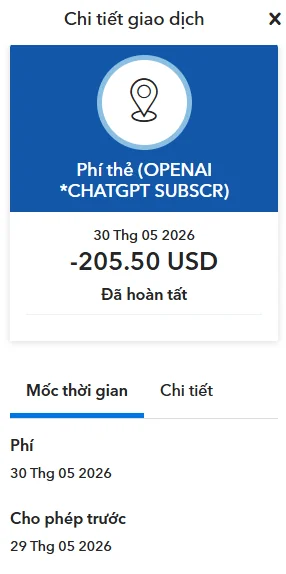 交易截图显示,在账号停用投诉发生前不久,用户刚被收取了一笔新的 ChatGPT 订阅费用
