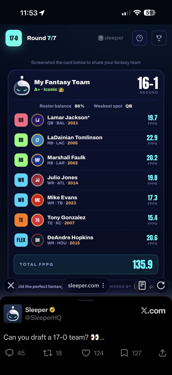 KoepferCk's tweet photo. @SleeperHQ No way this team loses a game https://t.co/Ap17ZzfaM7