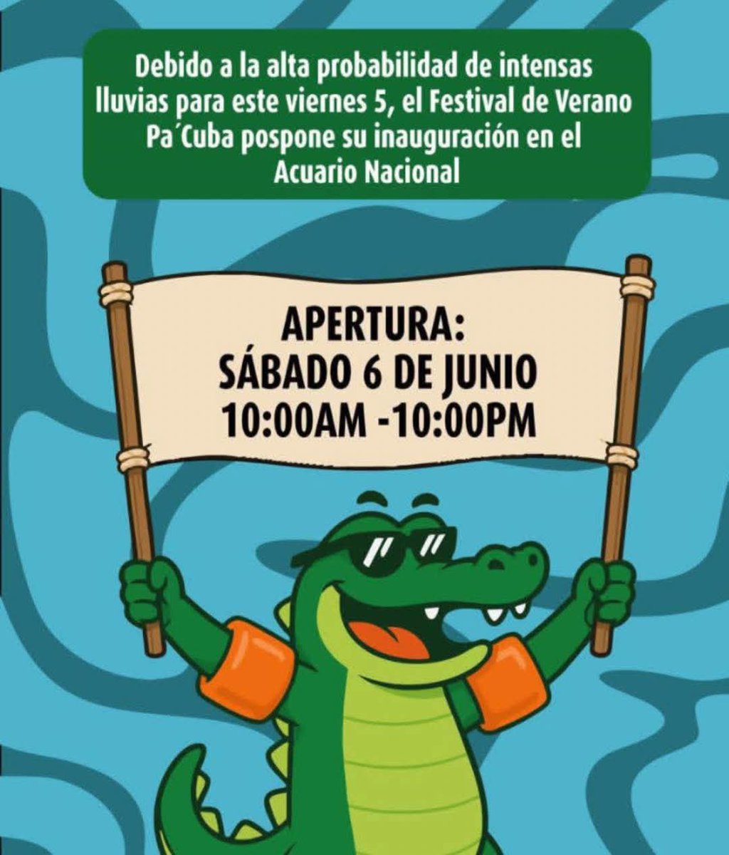 Smith_inf's tweet photo. Festival Pa’Cuba informa:
⚠️Debido a la alta probabilidad de intensas lluvias prevista para la tarde de este viernes 5 de junio, hemos decidido posponer la apertura del Festival de Verano Pa’Cuba.

📅 Nueva fecha de apertura:
Sábado 6 de junio
🕙 10:00 a.m. https://t.co/3Zc6cbCqOS