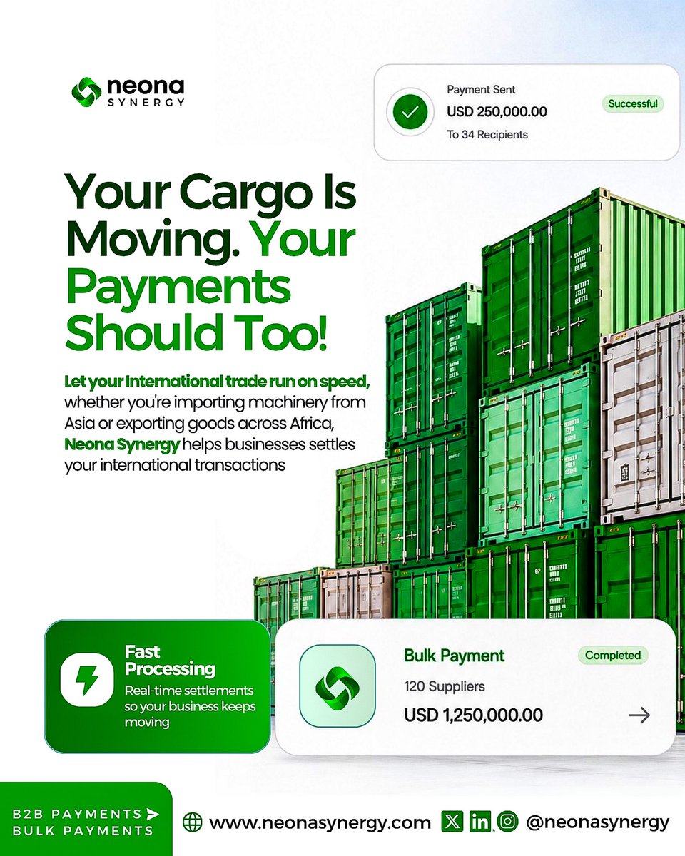 NeonaSynergy's tweet photo. With real time B2B settlements and seamless bulk payments, businesses can now complete large scale transactions to multiple suppliers and recipients in a single, secure operation. Experience fast processing and frictionless cross border settlements.
Visit https://t.co/RN3kiEme4Y https://t.co/4eYnPwxNWJ
