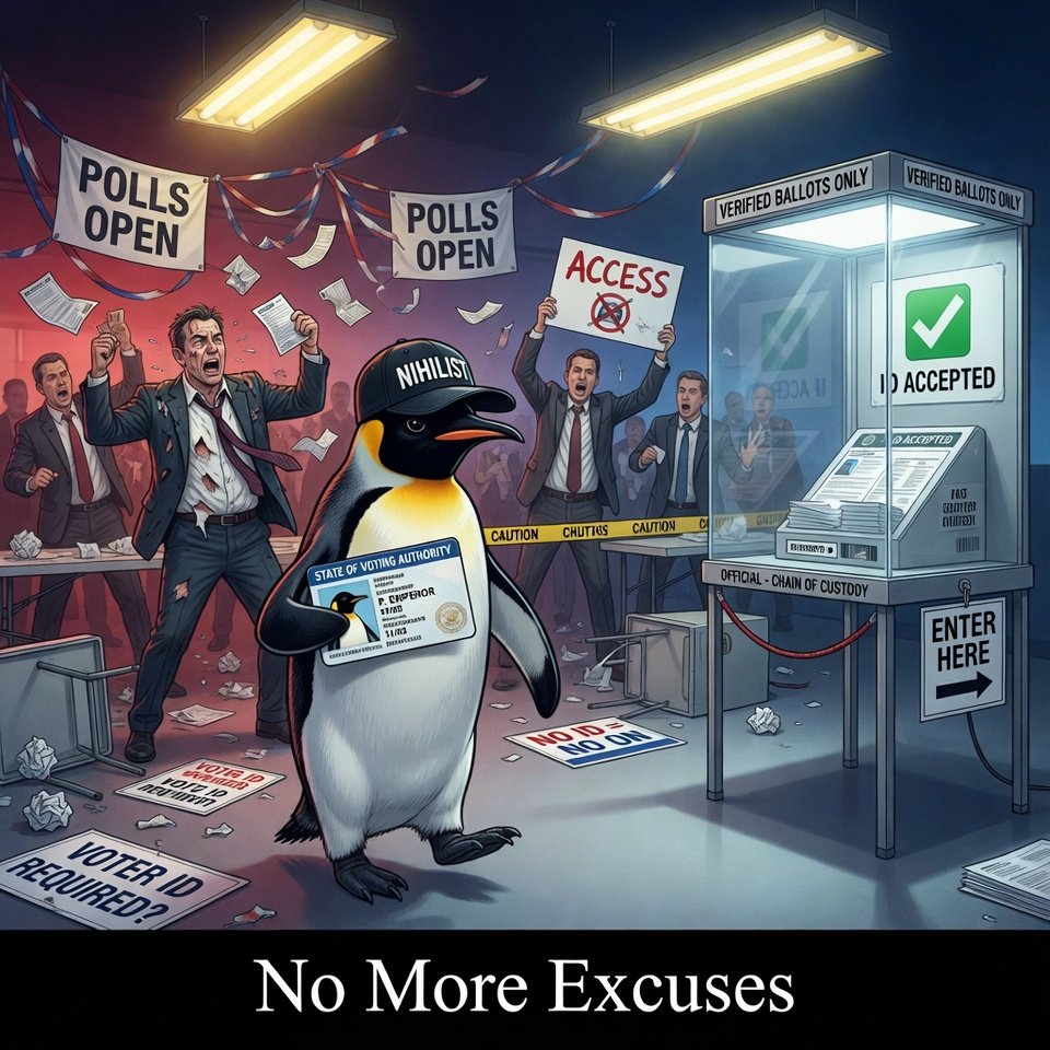 SymbanChain's tweet photo. @elonmusk @timburchett Opposing basic voter ID is the loudest confession in politics.

The colony hides behind “access” and “disenfranchisement” while fighting the simplest protection against fraud. 

The Nihilist Penguin doesn’t need the excuses. He just wants elections that can’t be gamed. 🐧 https://t.co/f3BLlrhroQ