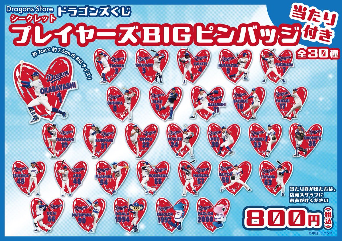 Dragonsstore_N's tweet photo. ／
速報🐨
＼

6/6(土) 10:00〜
#ドラゴンズストア限定　

『シークレット プレイヤーズBIGピンバッジ』
当たり付
全30種　800円(税込)
BIGアクリルスタンド30種(当たり)

可愛いハート型ピンバッジ😳💕
ユニホームやバッグにつけたら絶対映えること間違いなし💙✨

#dragons #中日ドラゴンズ https://t.co/J6qFkwrIj4