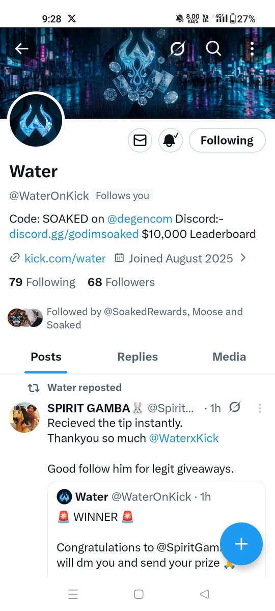 SpiritGamba's tweet photo. @godimsoaked @WaterOnKick Completed all tasks.
Thankyou for opportunity.
Kick : SpiritGamba 
X : Spiritgamba
Degen: spiritgambas https://t.co/Rp2wSVEz7g