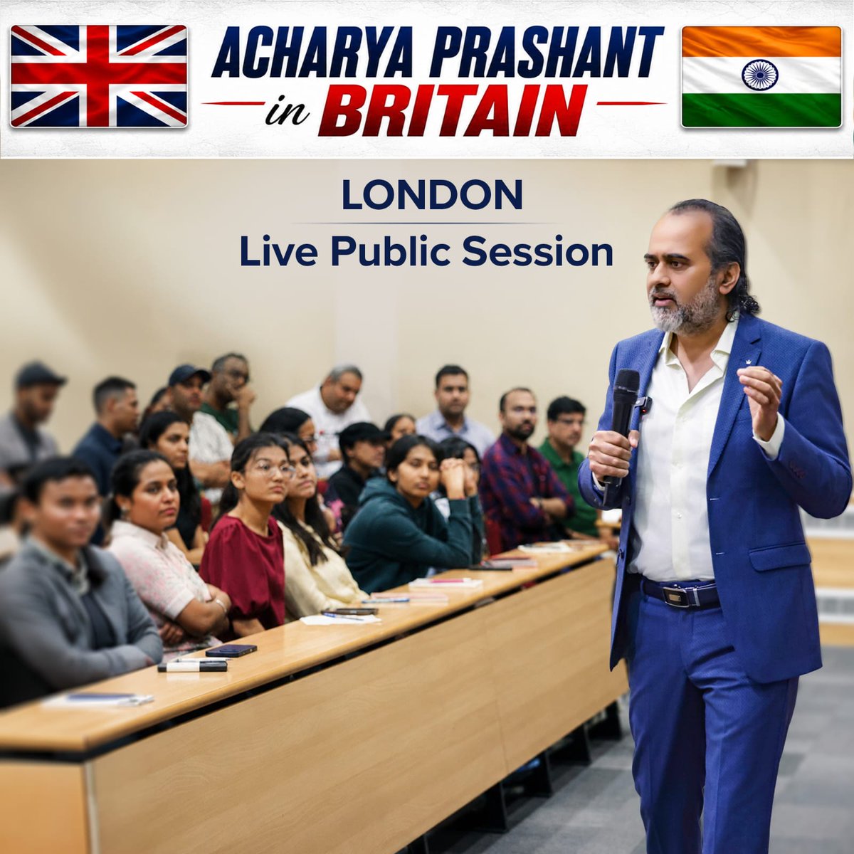 Prashant_Advait's tweet photo. Acharya Prashant’s First Public Session in London After the Historic Cambridge Address: Highlights ✨

Following the historic dialogue at Cambridge University, Acharya Prashant’s first public session in London was held on 31st May. Based on the Avadhuta Gita, this special gathering drew a large in-person audience from across the world, while more than 1 lakh people joined online.

Drawing upon the profound wisdom of the Avadhuta Gita, Acharya Prashant addressed questions related to life, relationships, fear, ambition, and self-realisation. He explained that the root of most human problems lies not in external circumstances, but in our failure to understand ourselves. Participants raised numerous questions from their everyday lives, which Acharya Prashant answered with simplicity, practicality, and depth.

One of the most moving moments of the session came when an elderly woman expressed her gratitude to Acharya Ji, saying, “You have touched something within me that is real.” After the session, many attendees met Acharya Prashant personally and conveyed their appreciation.

This dialogue marked an important milestone in Acharya Prashant’s UK tour, following the historic presence of Indian philosophy at Cambridge. On 1st June, he also addressed the UK India Youth Leadership Conclave organised by NISAU. In the coming days, he will continue to engage audiences at several other prestigious academic and intellectual forums across the United Kingdom.

Videos from the session will be shared with you soon.