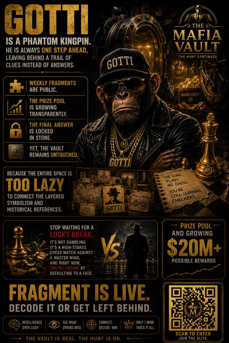Mafia_Vault's tweet photo. GOTTI is a phantom kingpin. He is always one step ahead, leaving behind a trail of clues instead of answers.

The weekly fragments are public. The prize pool is growing transparently. The final answer is locked in stone. Yet, the vault remains untouched because the entire space is too lazy to connect the layered symbolism and historical references.

Stop waiting for a lucky break. It’s not gambling. It’s a high-stakes chess match against a mastermind, and right now, you're losing by defaulting to a fade.

Fragment is live. Decode it or get left behind...