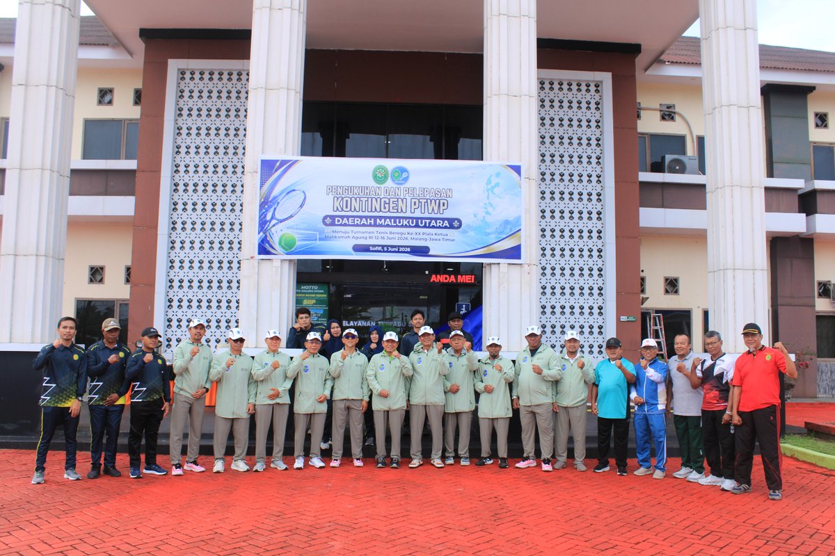 PTA_MU's tweet photo. SOFIFI - 5 Juni 2026, PTA Maluku Utara menyelenggarakan acara Pengukuhan &amp; Pelepasan Kontingen PTWP Daerah Maluku Utara yg akan mengikuti Kejuaraan Tenis Beregu XX Piala Ketua Mahkamah Agung Republik Indonesia tgl 12-16 Juni 2026 di Kota Malang, Jatim.

@Humas_MA 
@DitjenBadilag https://t.co/e6saUN3lIp