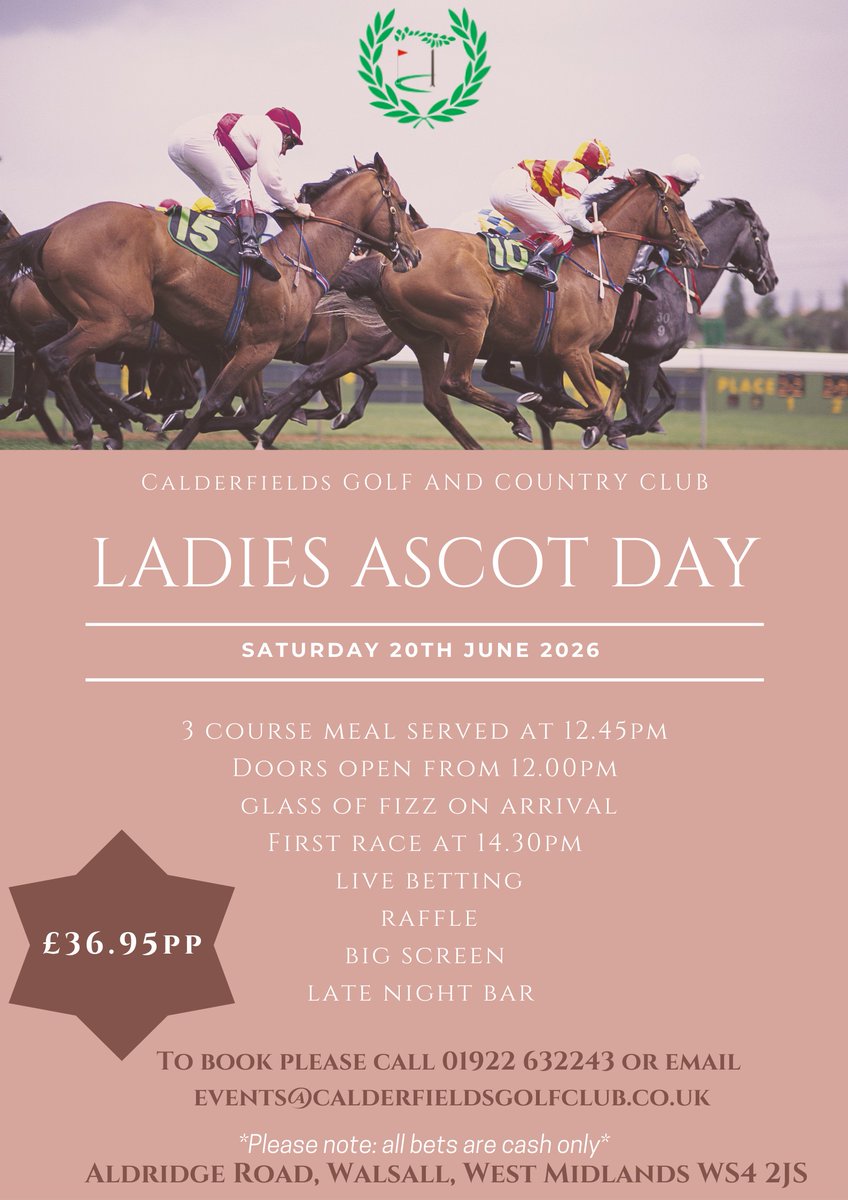 CalderfieldsGCC's tweet photo. Now it's less than 3 weeks to go until it's Ascot Ladies Day at Calderfields.
So why don't you come along and join us in the Calderfields suite on Saturday 20th June 2026 for this special day?
Watch everything on our large screen, what a great way to spend a Saturday afternoon. https://t.co/Rmzbg9ysuT