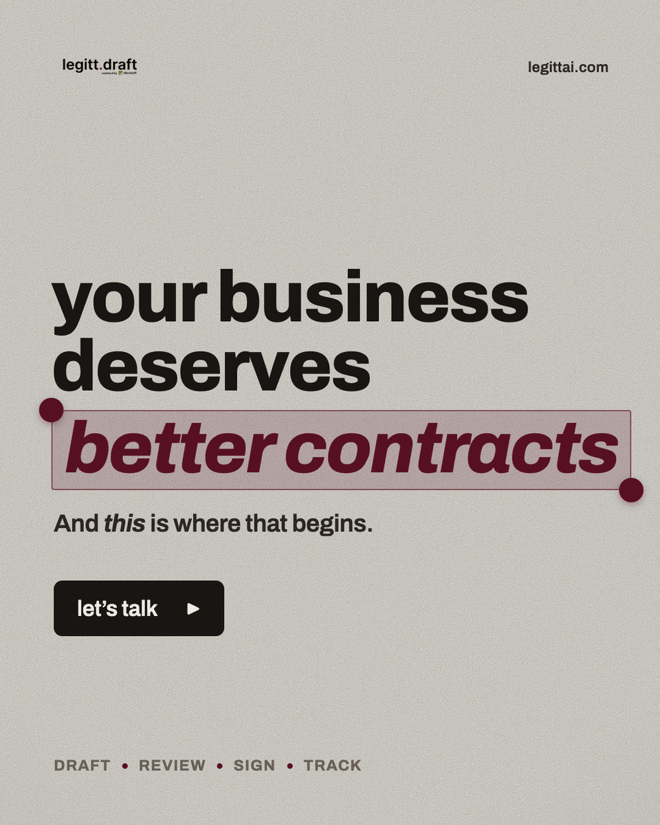 Legitthq's tweet photo. Your business deserves better contracts.

Not static PDFs.
Not scattered approvals.
Not missed renewals.
Not endless back-and-forth.

With Legitt AI, teams can draft, review, sign, and track contracts with AI built directly into the workflow.

Because better contracts don’t just protect your business - they help it move faster.

This is where that begins.

#LegittAI #LegittDraft #ContractManagement #AI #LegalTech #CLM #BusinessGrowth