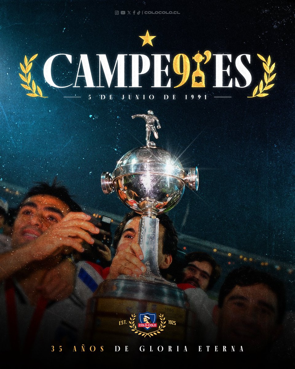 ColoColo's tweet photo. 35 años de la Gloria Eterna 🏆⚪️⚫️ 

Un día como hoy, 5 de junio de 1991, Colo-Colo conquistó la estrella más importante de su historia: la Copa Libertadores de América 🤟🏻🔥 

Con un plantel lleno de referentes y leyendas albas, el Cacique llevó su nombre a lo más alto del continente y escribió una de las páginas más gloriosas del fútbol chileno ⚽️🇨🇱 

35 años después, seguimos recordando con orgullo aquella noche que nos hizo eternos 🏆🤍🖤
