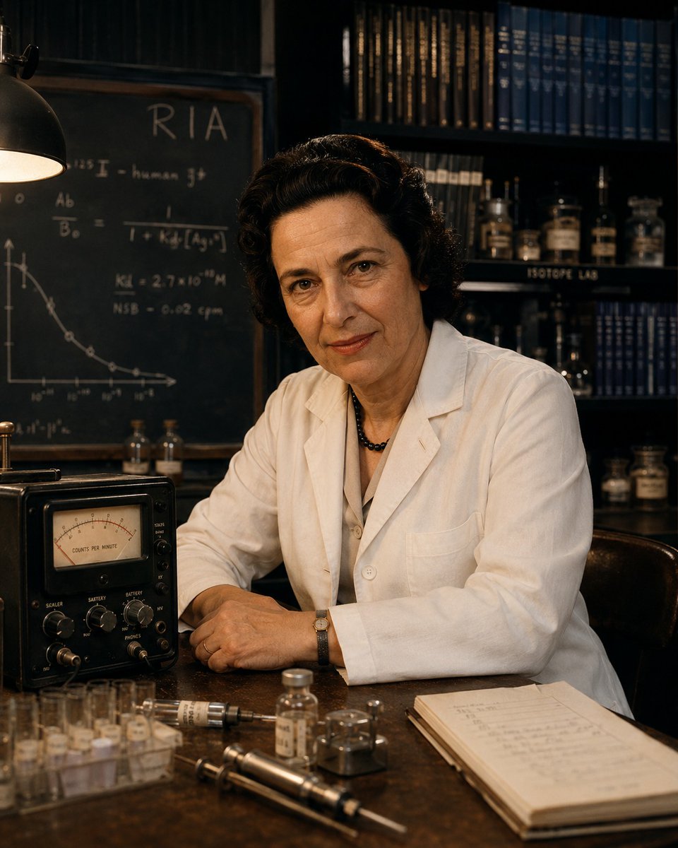 jwhaifa's tweet photo. In 1977, a Jewish woman from the South Bronx won the Nobel Prize in Medicine. Most people have never heard her name. 
Rosalyn Yalow grew up the daughter of Jewish immigrants who never finished high school. She became a nuclear physicist at a time when universities openly told women they weren't welcome in science. When she applied to graduate school, one institution offered her a position as a secretary instead.
She ignored them all.
Working in a tiny Veterans Administration hospital lab in New York, Yalow co-developed radioimmunoassay (RIA): a technique so precise it could detect a billionth of a gram of any substance in the human body. It transformed the diagnosis of diabetes, thyroid disease, hormonal disorders, and dozens of other conditions. It is still used in labs around the world today.
When she accepted the Nobel Prize, she said: "We still live in a world that does not fully use the talents of women." That was 1977. The fight she named is not over.