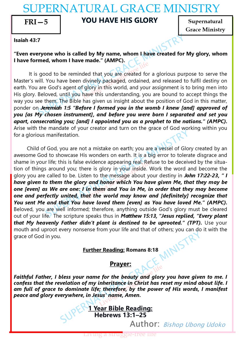 globalsgm's tweet photo. DAILY GRACE | JUNE 5, 2026         
YOU HAVE HIS GLORY
  
#bishopudoko #DailyGrace #prayerworks #Faith #Victory #SGM #dailydevotional
@everyone
@globalsgm https://t.co/xcaRgj2303