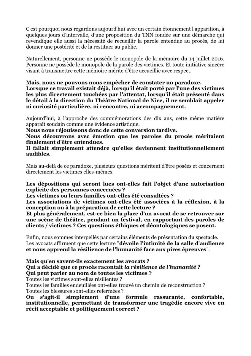 CeliaViale's tweet photo. Tribune au nom de plusieurs victimes de l’#attentatdenice #14juillet2016  qui s’interrogent sur l’initiative du Théâtre National de Nice de proposer une lecture issue du procès https://t.co/8eP7h1dY3Y