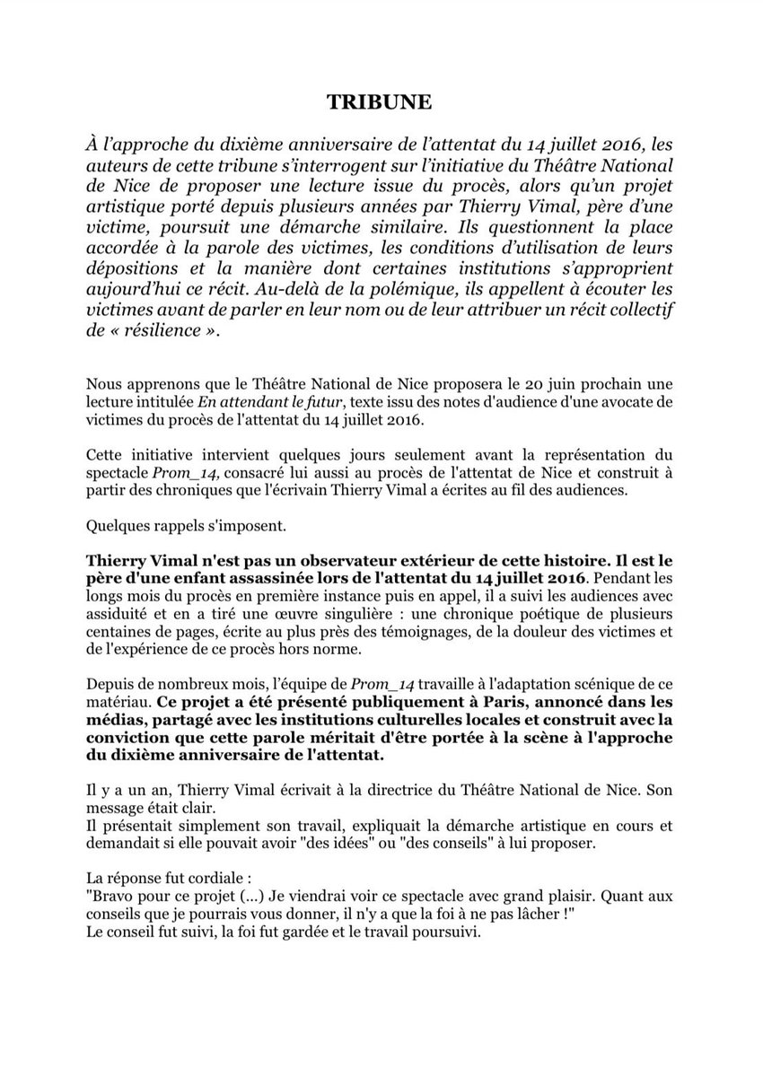 CeliaViale's tweet photo. Tribune au nom de plusieurs victimes de l’#attentatdenice #14juillet2016  qui s’interrogent sur l’initiative du Théâtre National de Nice de proposer une lecture issue du procès https://t.co/8eP7h1dY3Y