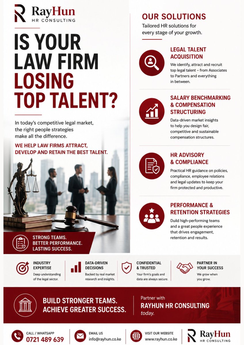 RayHunHR's tweet photo. The legal market is moving fast, and your best talent has options.  Don’t wait for resignation letters to audit your HR and compensation strategies. Let RayHun HR Consulting help you protect your practice! 

 Contact us: info@rayhun.co.ke
#LegalTok #LawFirmLife #CareerStrategy https://t.co/ZOkBkCMgyK