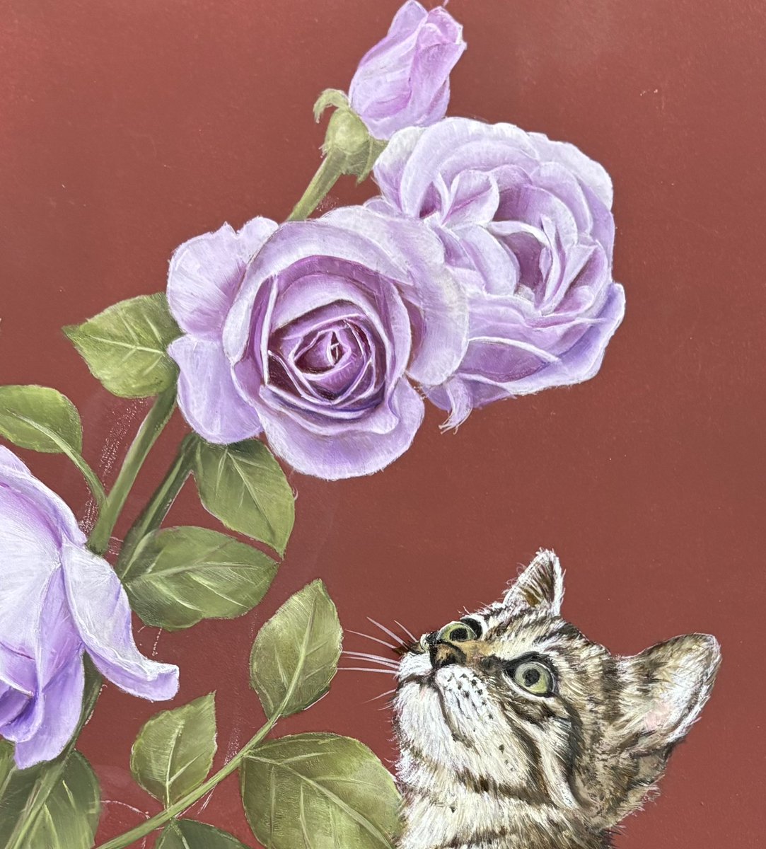 油絵 絵画【猫と紫の薔薇】 上野松坂屋個展に向けて制作中 紫の薔薇を見上げる小さな猫 まだ途中