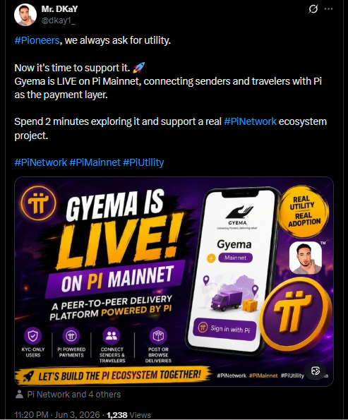 Inter_Saigon's tweet photo. VIỆC RA MẮT GYEMA TRÊN PI MAINNET LÀM NỔI BẬT SỰ TĂNG TRƯỞNG TIỆN ÍCH THỰC SỰ TRONG MẠNG PI.

Gyema hiện đã hoạt động trên Pi Mainnet, thể hiện tiện ích thực tế khi Pi Network tiến tới các trường hợp sử dụng thanh toán thiết thực, kết nối người dùng và khách du lịch.

Pi Network đang thu hút sự chú ý trở lại sau khi Gyema được ra mắt trên mạng chính, một dự án được thiết kế để chứng minh tính hữu ích thực tiễn trong hệ sinh thái. Ứng dụng này kết nối người gửi và người nhận hàng đồng thời sử dụng Pi Coin làm lớp thanh toán, đánh dấu một bước tiến nữa hướng tới việc sử dụng blockchain một cách thiết thực.

Sự phát triển này đang được thảo luận trong cộng đồng như một ví dụ về cách các ứng dụng hướng đến tiện ích có thể bắt đầu hình thành trong hệ sinh thái Pi Network.

Khi các dự án blockchain trưởng thành, quá trình chuyển đổi từ giá trị lý thuyết sang chức năng thực tiễn trở thành một cột mốc quan trọng. Sự ra mắt của Gyema được xem là một phần của quá trình chuyển đổi rộng lớn hơn này.

Chuyển đổi từ nhu cầu tiện ích sang thực thi tiện ích
Từ lâu, những người ủng hộ Pi Network đã nhấn mạnh tầm quan trọng của tính hữu dụng như một yếu tố then chốt cho sự thành công lâu dài.

Trong nhiều cộng đồng blockchain, người dùng thường xuyên kêu gọi các ứng dụng thực tế chứng minh tính hữu dụng thực tiễn chứ không chỉ đơn thuần là suy đoán.

Việc ra mắt Gyema đánh dấu một bước chuyển đổi từ việc yêu cầu tiện ích sang việc chủ động xây dựng và triển khai nó trong hệ sinh thái.

Bằng việc giới thiệu một ứng dụng hoạt động trên mạng chính Pi Mainnet, dự án đã tiến thêm một bước nữa để chứng minh cách thức sử dụng tài sản kỹ thuật số trong các tình huống thực tế.

Sự thay đổi này rất quan trọng vì nó báo hiệu sự chuyển dịch từ lý thuyết sang thực tiễn.

Hiểu rõ vai trò của Gyema trong hệ sinh thái
Gyema được mô tả là một nền tảng kết nối người gửi và người nhận, cho phép thực hiện các giao dịch sử dụng Pi Coin làm phương thức thanh toán.

Trường hợp sử dụng này phản ánh ứng dụng thực tiễn của công nghệ blockchain trong các dịch vụ hàng ngày.

Trong các hệ thống truyền thống, các bên trung gian thường đóng vai trò then chốt trong việc tạo điều kiện thuận lợi cho các tương tác như vậy.

Tuy nhiên, các hệ thống dựa trên công nghệ blockchain hướng đến mục tiêu giảm sự phụ thuộc vào các trung gian tập trung bằng cách cho phép các giao dịch trực tiếp giữa các cá nhân.

Việc tích hợp Gyema vào Pi Mainnet chứng minh cách các ứng dụng trong hệ sinh thái có thể bắt đầu sử dụng Pi Coin trong môi trường hoạt động thực tế.

Điều này góp phần vào mục tiêu rộng lớn hơn là xây dựng một nền kinh tế kỹ thuật số khả dụng trong hệ sinh thái Pi Network.

Tính hữu dụng thực tế như một yêu cầu cốt lõi của công nghệ blockchain
Tính hữu dụng được công nhận rộng rãi là một trong những yếu tố quan trọng nhất quyết định sự thành công của bất kỳ dự án tiền điện tử nào.

Nếu thiếu các trường hợp sử dụng thực tế, tài sản kỹ thuật số thường chỉ giới hạn trong môi trường giao dịch mà không tạo ra tác động kinh tế rộng lớn hơn.

Chiến lược phát triển hệ sinh thái của Pi Network luôn nhấn mạnh tầm quan trọng của việc xây dựng các ứng dụng hướng đến tiện ích.

Việc ra mắt của Gyema phù hợp với chiến lược này bằng cách cung cấp một ví dụ cụ thể về cách Pi Coin có thể được sử dụng ngoài việc khai thác hoặc nắm giữ.

Khi ngày càng nhiều ứng dụng tương tự xuất hiện, hệ sinh thái có thể dần chuyển dịch sang hoạt động kinh tế kỹ thuật số mang tính chức năng.

Sự tăng trưởng của Mainnet và sự phát triển của hệ sinh thái
Mạng chính Pi (Pi Mainnet) đóng vai trò là nền tảng cho tất cả các ứng dụng phi tập trung trong hệ sinh thái.

Nó cho phép các nhà phát triển xây dựng, triển khai và vận hành các ứng dụng sử dụng Pi Coin như một phần của cơ sở hạ tầng của họ.

Việc giới thiệu các ứng dụng như Gyema cho thấy mạng chính đang dần mở rộng về mặt chức năng thực tiễn.

Loại tăng trưởng này rất cần thiết để chuyển đổi từ một hệ sinh thái khép kín sang một mạng lưới blockchain hoạt động đầy đủ.

Khi quá trình phát triển tiếp tục, số lượng ứng dụng sử dụng Pi Coin dự kiến ​​sẽ tăng lên.

Điều này sẽ đóng vai trò then chốt trong việc xác định tính bền vững lâu dài của hệ sinh thái.

Kết nối tiền kỹ thuật số với hoạt động trong thế giới thực
Một trong những mục tiêu quan trọng nhất của công nghệ blockchain là kết nối tài sản kỹ thuật số với hoạt động kinh tế trong thế giới thực.

Mô hình kết nối người gửi và người nhận của Gyema là một ví dụ thực tiễn minh họa cho khái niệm này.

Bằng cách sử dụng Pi Coin làm lớp thanh toán, ứng dụng này giới thiệu một kịch bản trong đó tiền kỹ thuật số được liên kết trực tiếp với các dịch vụ trong thế giới thực.

Điều này giúp thu hẹp khoảng cách giữa hệ sinh thái blockchain và việc sử dụng hàng ngày.

Nếu được áp dụng rộng rãi, những mô hình như vậy có thể góp phần làm tăng nhu cầu và tiện ích của Pi Coin.

Hỗ trợ cộng đồng và sự tham gia của hệ sinh thái
Sự tham gia của cộng đồng vẫn là yếu tố cốt lõi trong mô hình phát triển của Pi Network.

Người dùng được khuyến khích không chỉ nắm giữ hoặc khai thác Pi Coin mà còn tham gia vào các ứng dụng trong hệ sinh thái.

Việc ra mắt Gyema được cộng đồng coi là cơ hội để hỗ trợ các dự án tiện ích thực tế.

Sự tham gia kiểu này rất quan trọng để tăng cường hoạt động của hệ sinh thái và khuyến khích sự phát triển hơn nữa.

Khi người dùng tích cực tham gia vào các ứng dụng, điều đó tạo ra các vòng phản hồi có thể thúc đẩy sự đổi mới và mở rộng.

Tầm quan trọng của các dự án tiện ích ban đầu
Các dự án tiện ích ban đầu thường đóng vai trò quan trọng trong việc định hình hướng đi của hệ sinh thái blockchain.

Chúng đóng vai trò như bằng chứng về tính khả thi của việc các tài sản kỹ thuật số có thể hoạt động trong môi trường thực tế.

Mặc dù ban đầu các dự án này có quy mô hạn chế, nhưng chúng cung cấp những hiểu biết quý giá về hành vi người dùng và hiệu suất hệ thống.

Sự hiện diện của Gyema trên Pi Mainnet có thể được xem là một phần của giai đoạn phát triển tiện ích ban đầu này.

Khi ngày càng nhiều dự án xuất hiện, hệ sinh thái này có thể dần phát triển theo hướng được áp dụng và sử dụng rộng rãi hơn.

Tích hợp Web3 và Thế giới Thực
Khái niệm Web3 tập trung vào các hệ thống phi tập trung, nơi người dùng có quyền kiểm soát lớn hơn đối với các tài sản và ứng dụng kỹ thuật số.

Trong mô hình này, các nền tảng dựa trên blockchain cho phép tương tác ngang hàng mà không cần dựa vào các trung gian tập trung.

Việc tích hợp Gyema vào Pi Network phù hợp với tầm nhìn này bằng cách cho phép các giao dịch trực tiếp giữa người dùng và nhà cung cấp dịch vụ.

Việc tích hợp thực tế như vậy là rất cần thiết cho sự thành công lâu dài của hệ sinh thái Web3.

Điều này chứng minh công nghệ blockchain có thể vượt ra khỏi lý thuyết và ứng dụng vào các trường hợp thực tiễn hàng ngày.

Những thách thức và sự phát triển trong tương lai
Mặc dù sự ra mắt của các ứng dụng tiện ích là một bước phát triển tích cực, nhưng vẫn còn nhiều thách thức.

Khả năng mở rộng, mức độ chấp nhận của người dùng và tính bền vững lâu dài là những yếu tố then chốt quyết định sự thành công.

Các nhà phát triển phải đảm bảo rằng các ứng dụng đáng tin cậy, an toàn và có khả năng xử lý lượng người dùng ngày càng tăng.

Ngoài ra, việc áp dụng rộng rãi hơn trong toàn bộ hệ sinh thái là cần thiết để các ứng dụng này đạt được tác động có ý nghĩa.

Sự phát triển liên tục của Pi Network sẽ phụ thuộc vào việc giải quyết những thách thức này hiệu quả đến mức nào.

Phần kết luận
Việc ra mắt Gyema trên Pi Mainnet đánh dấu một bước tiến quan trọng hướng tới tiện ích thực sự trong hệ sinh thái mạng Pi.

Bằng cách cho phép thực hiện giao dịch giữa người gửi và người nhận bằng Pi Coin, ứng dụng này chứng minh cách công nghệ blockchain có thể được áp dụng vào các dịch vụ thực tế.

Sự phát triển này phản ánh một sự chuyển dịch rộng hơn từ các cuộc thảo luận mang tính khái niệm về tính hữu dụng sang việc triển khai thực tế trong hệ sinh thái.

Khi ngày càng nhiều ứng dụng xuất hiện và mức độ sử dụng tăng lên, Pi Network tiếp tục hướng tới một nền kinh tế kỹ thuật số dựa trên Web3 với nhiều chức năng hơn.

Theo Victoria Hale