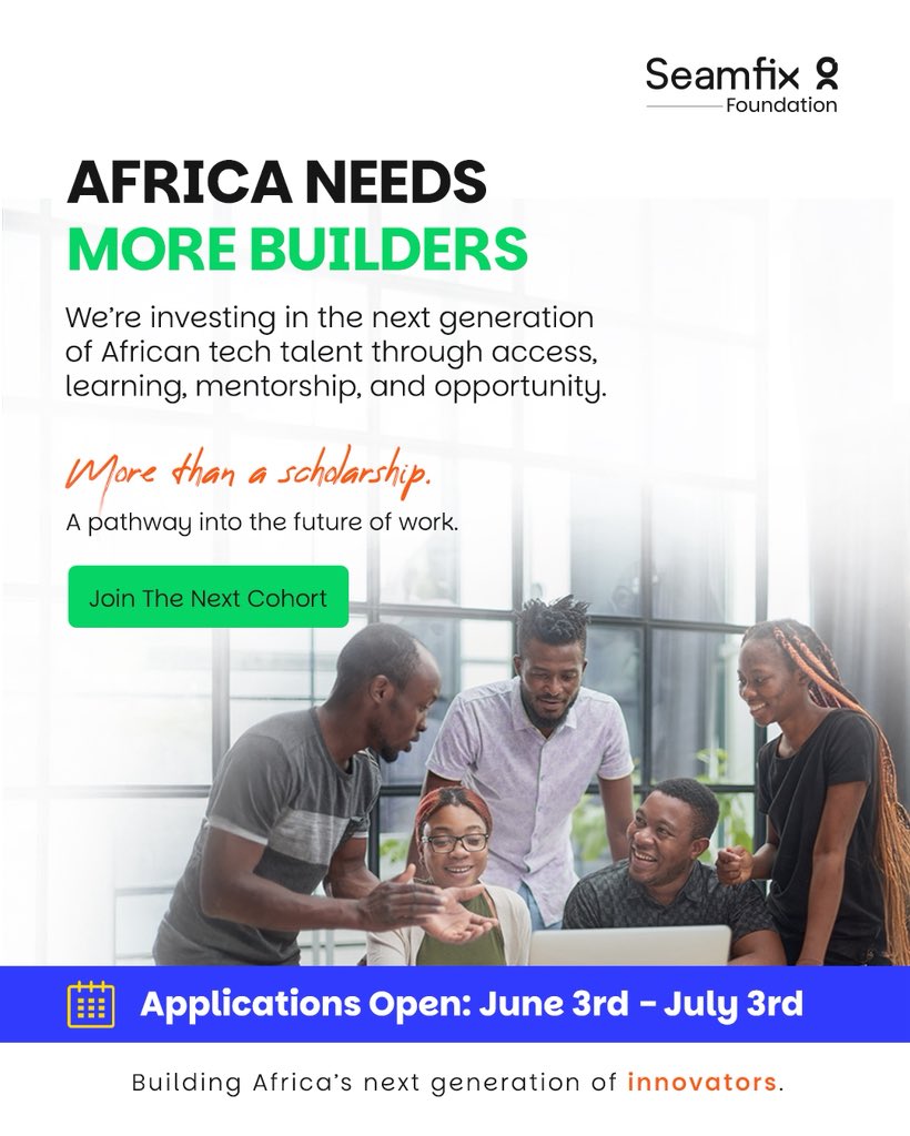 Seamfix_nextgen's tweet photo. 🌍 Africa needs more builders.

That’s why the Seamfix Foundation Scholarship is empowering young Africans with the skills, mentorship, and opportunities to thrive in tech.

One application could change your future.

📅 Applications close July 3rd.

https://t.co/wNzgcUJ6bk

#Tech https://t.co/0M1e5Hoe9c
