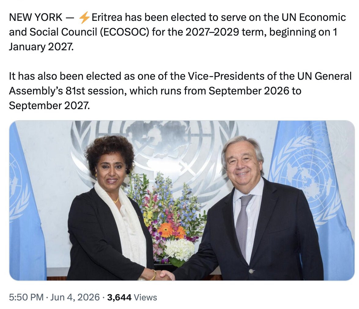 martinplaut's tweet photo. Is this appropriate?

Most UN agencies are not allowed to play a full role in Eritrea. The IMF, World Bank and other international organisations are unwelcome. The UN is committed to democracy - which Eritrea has never had. 

How can Eritrea be an appropriate leader for others? https://t.co/MFsFankcJm