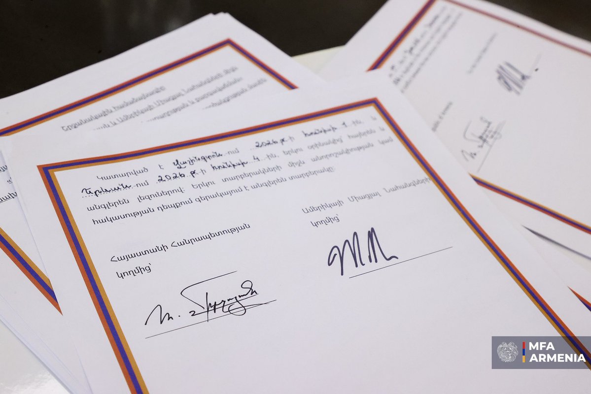 MFAofArmenia's tweet photo. #Armenia & #US have SIGNED the Framework Agreement between the Republic of Armenia & the United States of America on Strategic Cooperation Concerning the Trump Route for International Peace & Prosperity (#TRIPP).

Pursuant to the implementation of the understanding reached in Yerevan on May 26, 🇦🇲FM @AraratMirzoyan & 🇺🇸@SecRubio signed the Agreement remotely. The Agreement was signed by the U.S. Secretary of State in Washington on June 1 & by the Foreign Minister of Armenia in Yerevan on June 4.

This is another important step in realizing the Armenia-US vision of a peaceful, secure & prosperous Armenia & region.

Subsequently, Armenia & the United States will work consistently to complete the necessary domestic procedures for the Agreement’s entry into force, with the aim of ensuring the implementation of TRIPP on the ground within the shortest possible timeframe.

The full text of the Agreement was published on the website of the Ministry of Foreign Affairs on 26 May & is available via the following link⤵️

🔗https://t.co/itlx4njCii