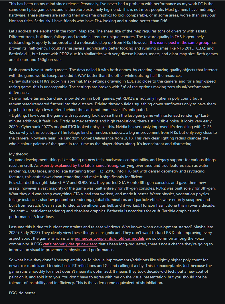 TheCanadianGTR's tweet photo. "u/ProjektBlackout criticized FH6 for having poor optimization on modern PCs, while praising RDR2 for having better optimizations on modern PCs and PCs with previous-gen hardware." - 🤓
#ForzaHorizon6 #FH6 #ForzaShare #RedDeadRedemption2 #RedDeadRedemptionII #RDR2 #RDRII https://t.co/PRfgeW2oLa