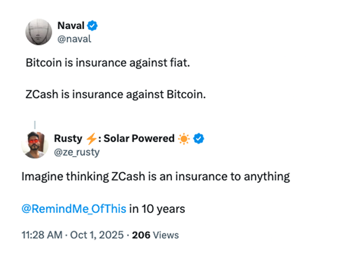 ze_rusty's tweet photo. "ZCash iS iNsuRaNcE aGaiNst BiTc0in"

This tweet aged worse than milk stored next to a mining rig 🤡 https://t.co/Rl5XxPRdWq