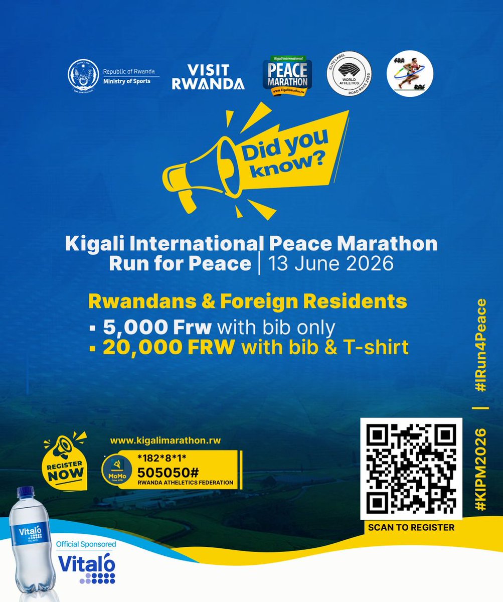 ClaudeHitman's tweet photo. Owitwa Oswald OSWAKIM arabatumira muri @KigaliMarathon  ibura icyumweru kimwe gusa ingo ibe.

-RUN FOR PEACE ni ku wa 6 le 13/6, kwiyandikisha muri kubibona hasi 👇 kuri 5k na 20k

-Half na Full Marathon ni ku cyumweru le 14/6.

Munyure kuri https://t.co/nl7my9OWsW https://t.co/L7QmSxf2co