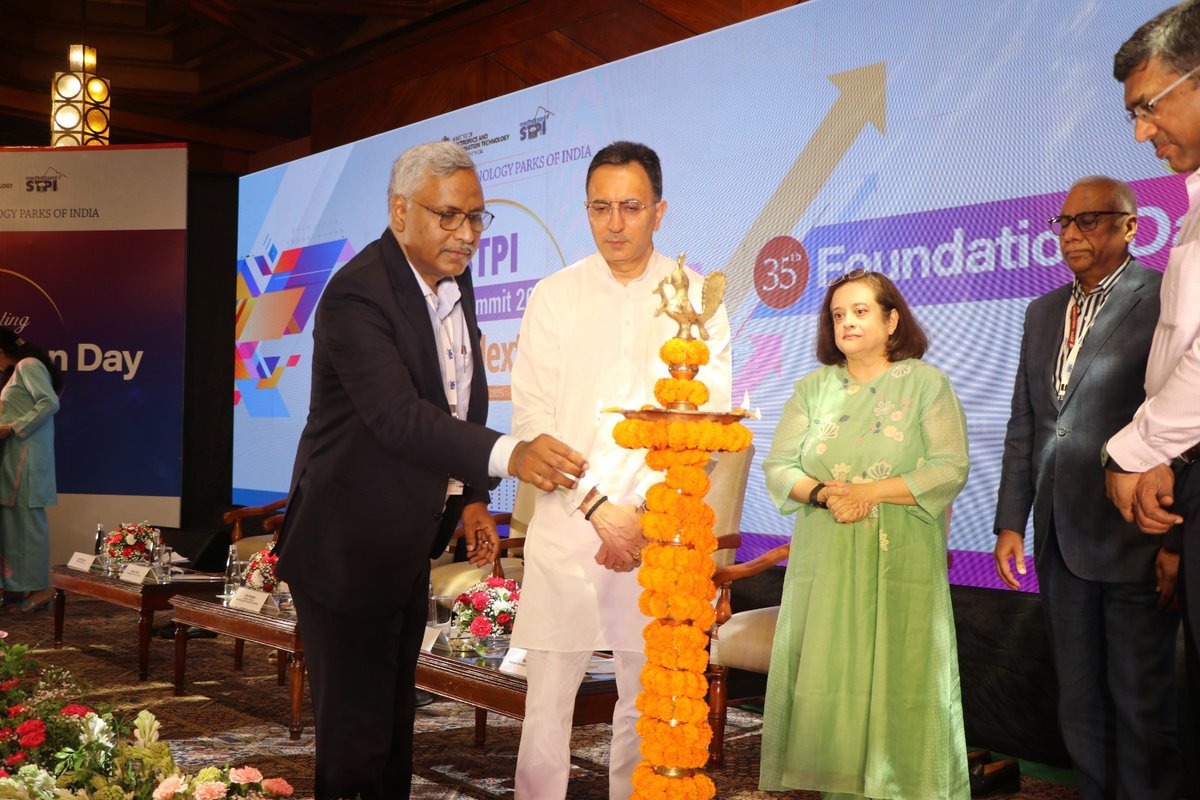 stpiindia's tweet photo. STPI Tech Summit 2026, on the occasion of STPI's 35th Foundation Day, kickstarted in New Delhi with great momentum with the auspicious lighting of the lamp, in the august presence of Shri Jitin Prasada, Hon’ble Minister of State for Commerce & Industry and Electronics & Information Technology; Shri S Krishnan, Secretary, MeitY; Shri Arvind Kumar, Director General, STPI; Shri Deepak Bagla, Mission Director, AIM, NITI Aayog; Ms Debjani Ghosh, Distinguished Fellow at NITI Aayog | Chief Architect of the NITI Frontier Tech Hub| Former president of NASSCOM.🪔💫

Here's a glimpse from the ceremony: 

#STPITechSummit2026 #IndiasNextLeap #STPI #35YearsOfSTPI #Innovation #Startups #Technology #DigitalIndia #IndiaTech #TechLeadership

@GoI_MeitY @AshwiniVaishnaw @JitinPrasada @SecretaryMEITY @arvindtw @_DigitalIndia @NeGD_GoI @startupindia @NICMeity @investindia @NITIAayog  @rnivruti @debjani_ghosh_ @inregistry @NIELITIndia @cdacindia @_BHASHINI @DPIITGoI @intel @escnewdelhi @guptaa_sanjay @TiEDelhi @OfficialINDIAai @DeepakBagla_ @guptaa_sanjay