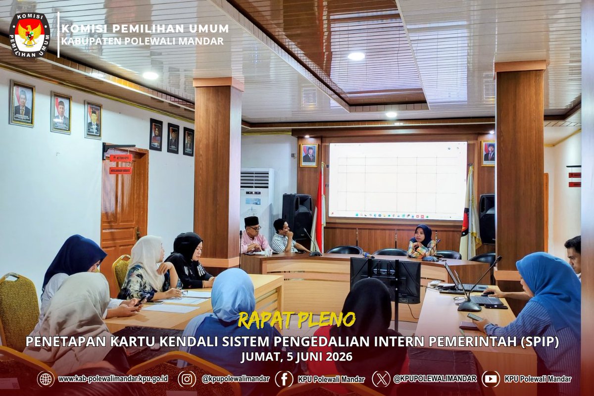 KPU_POLMAN's tweet photo. Hai #TemanPemilih KPU Polewali Mandar melaksanakan Rapat Pleno Penetapan Kartu Kendali Sistem Pengendalian Intern Pemerintah (SPIP) bulan juni 2026 di Aula di aulah Lantai 2 Kantor KPU kabupten polewli
mandar pada jumat (5/6/2026).

#KPUMelayani https://t.co/12tdWuKrSe