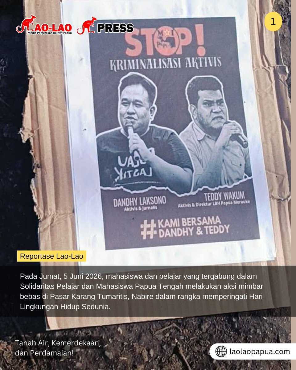 laolao_papua's tweet photo. Reportase Lao-Lao

“Dengan tegas kami mendesak juga kepada aparat dan Negara untuk hentikan kriminalisai terhadap Dnadhy Laksono dan Tedy Wakum.” tegasnya.

Aksi mimbar bebas dilakukan sampai pukul 13:00 waktu Papua dan dilakukan pembacaan pernyataan sikap.

#laolao_papua https://t.co/Ruc8rb43w6
