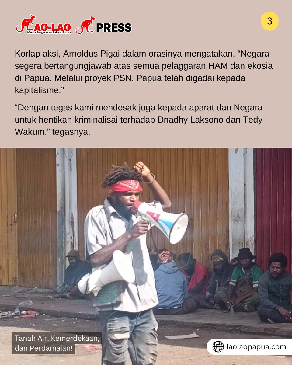 laolao_papua's tweet photo. Reportase Lao-Lao

“Dengan tegas kami mendesak juga kepada aparat dan Negara untuk hentikan kriminalisai terhadap Dnadhy Laksono dan Tedy Wakum.” tegasnya.

Aksi mimbar bebas dilakukan sampai pukul 13:00 waktu Papua dan dilakukan pembacaan pernyataan sikap.

#laolao_papua https://t.co/Ruc8rb43w6