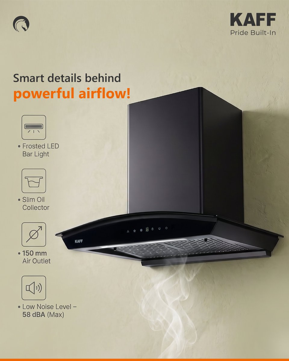 kaffindia's tweet photo. Sophisticated design. Powerful performance. 

The KAFF NIOR Chimney features powerful 1450 m³/h suction, Dry Heat Auto-Clean technology, and a filterless design for effortless kitchen ventilation. ✨

 📷 Gesture Control 
 📷 Low Maintenance

#KAFF https://t.co/UJuUAwbueu