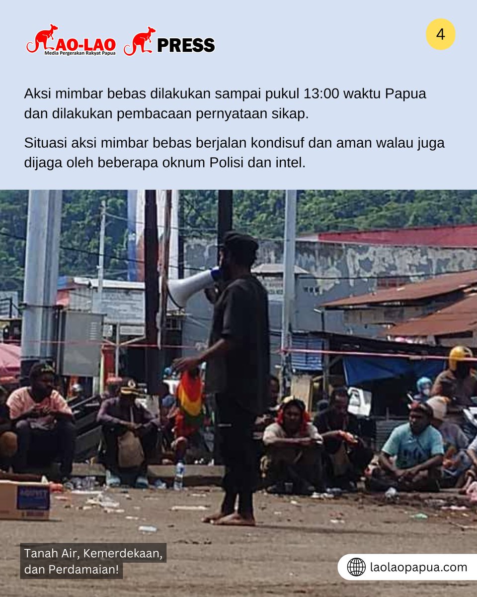laolao_papua's tweet photo. Reportase Lao-Lao

“Dengan tegas kami mendesak juga kepada aparat dan Negara untuk hentikan kriminalisai terhadap Dnadhy Laksono dan Tedy Wakum.” tegasnya.

Aksi mimbar bebas dilakukan sampai pukul 13:00 waktu Papua dan dilakukan pembacaan pernyataan sikap.

#laolao_papua https://t.co/Ruc8rb43w6