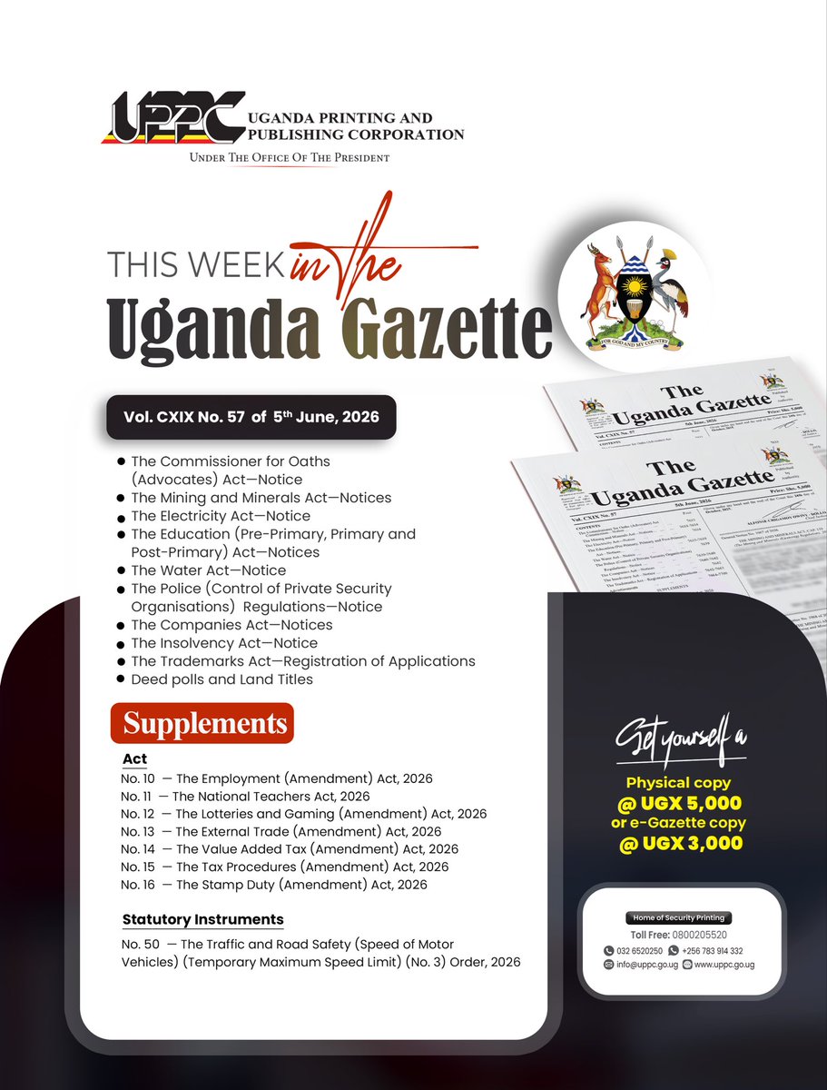 UgandaGazette's tweet photo. This week in the Uganda Gazette. 

https://t.co/LrEaPkxyg6
#UgandaGazette https://t.co/lc854S6wvO