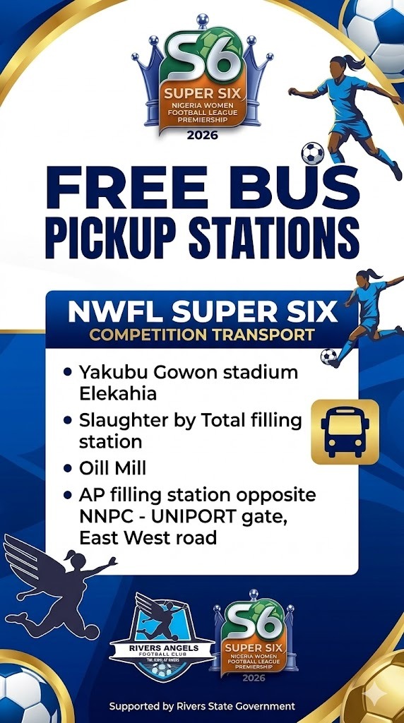 Rivers_Angels's tweet photo. FREE BUSES FOR  FANS !!!!

As we count down to NWFL Super Six kickoff on Saturday 

There are  FREE buses to take fans to Adokiye Amiesimaka Stadium to support the Jewels of Rivers. 

Time will be shared after Friday’s official draw at 5 pm. 

#TheJewelsOfRivers #NWFLSuperSix https://t.co/GFz87EMcxG