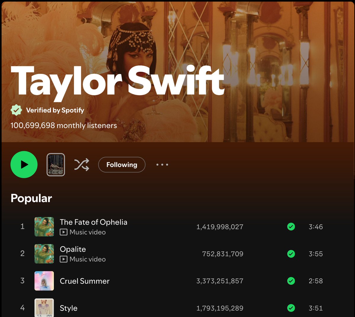 SpotifySwiftie's tweet photo. ❤️‍🔥 Taylor Swift's artist profiles on Spotify and Apple Music remain in the The Life of a Showgirl era. https://t.co/sZg1Rbmv0s