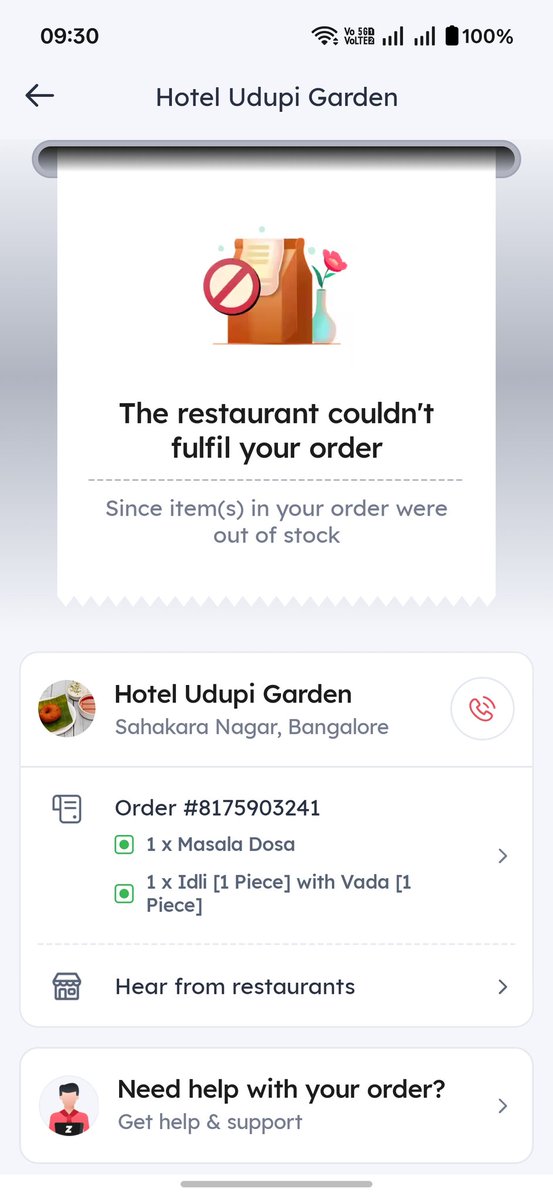Felt_Feelings's tweet photo. Hey @ZomatoIN, Hotel Udupi Garden (Sahakara Nagar, Bangalore) cancelled my order #8175903241 claiming items were 'out of stock' but they're STILL showing on the menu right now! 🤔

This is false cancellation &amp; cheating customers.

Proof attached 👇

#ZomatoScam #ConsumerRights https://t.co/QItWRjZLrx