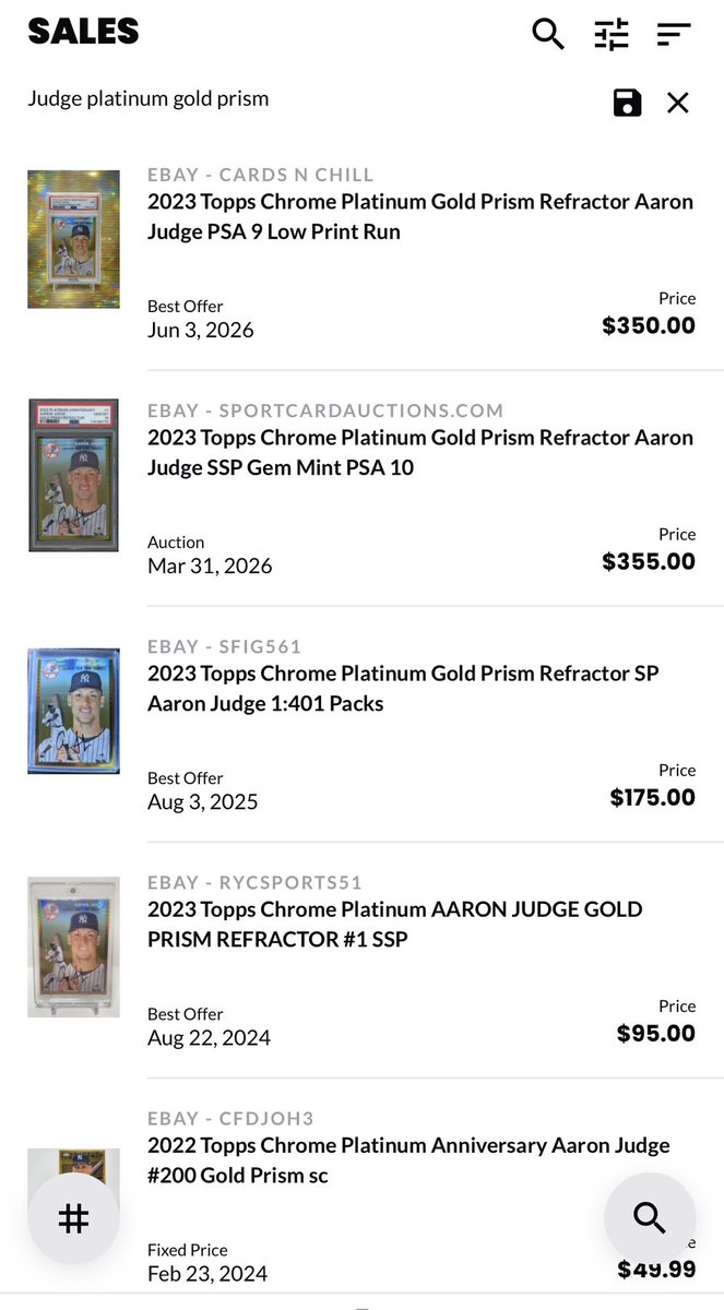 WillsCollection's tweet photo. @WaterPlantGuy @CardPurchaser Yes, there are only a handful of Judge sales of gold prisms across ALL years and every sales the price goes up. https://t.co/tM9ZAQ1OT6