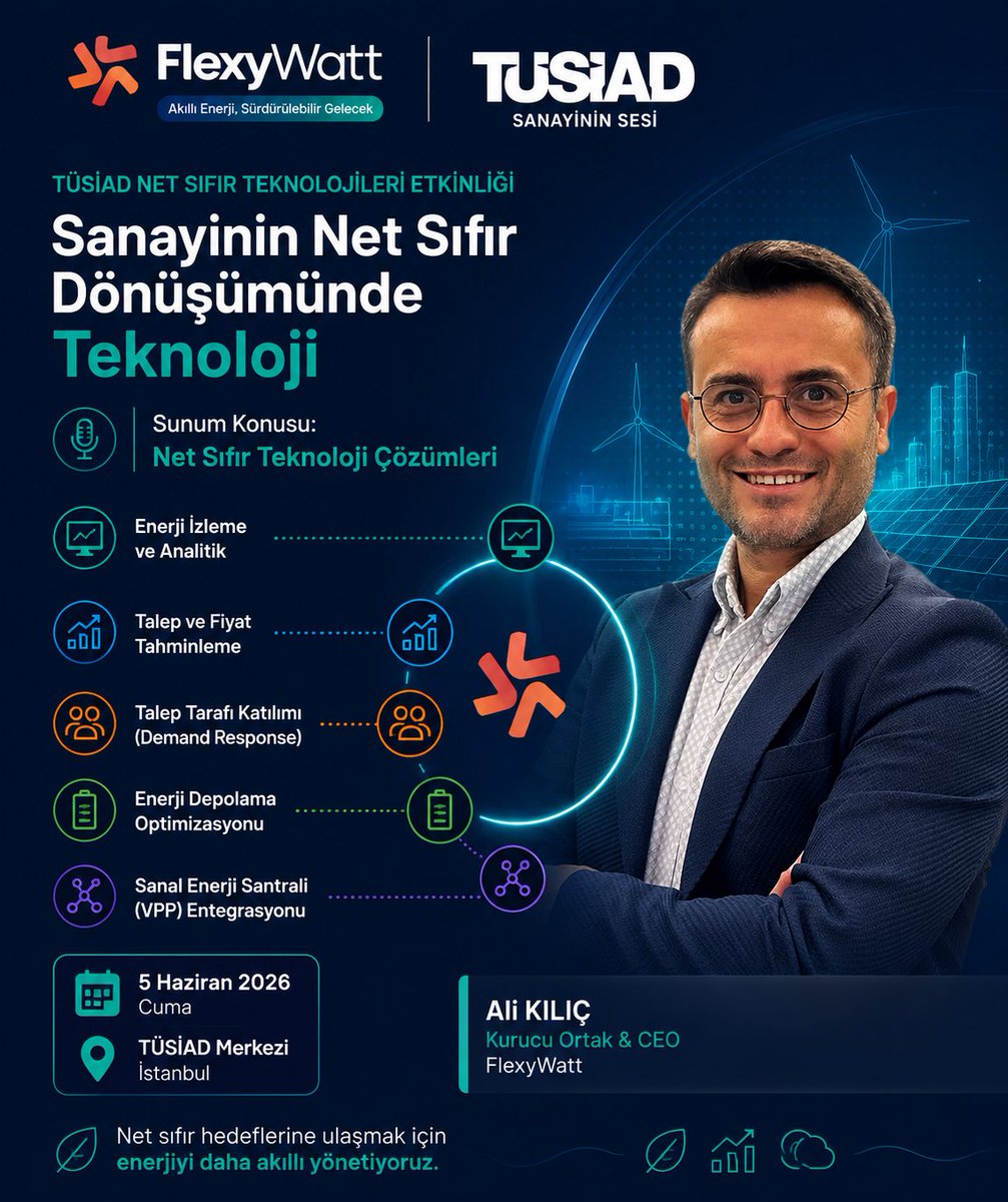 FlexyWatt's tweet photo. 🌍@TUSIAD 'ın “Sanayinin Net Sıfır Dönüşümünde Teknoloji”etkinliğindeyiz
⚡Net Sıfır Teknoloji Çözümleri

🔋Enerji Depolama Optimizasyonu
📈Talep ve Fiyat Tahminleme
🔄Demand Response
🏭VPP Entegrasyonu
Net sıfır için enerjiyi daha akıllı yönetiyoruz
#FlexyWatt #NetSıfır #TÜSİAD https://t.co/nENL7e5eKH