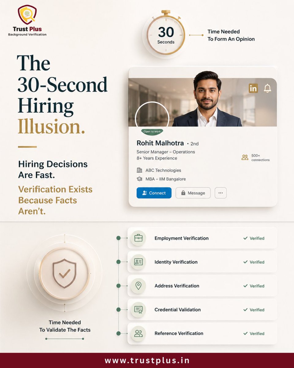 PlusTrust30329's tweet photo. Every candidate has two profiles.

The one you review.

And the one verification reveals.

The strongest hiring decisions are built on both.

#BackgroundVerification #Hiring #HR #Recruitment #EmployeeVerification #TrustPlus https://t.co/io5xDkuGtK