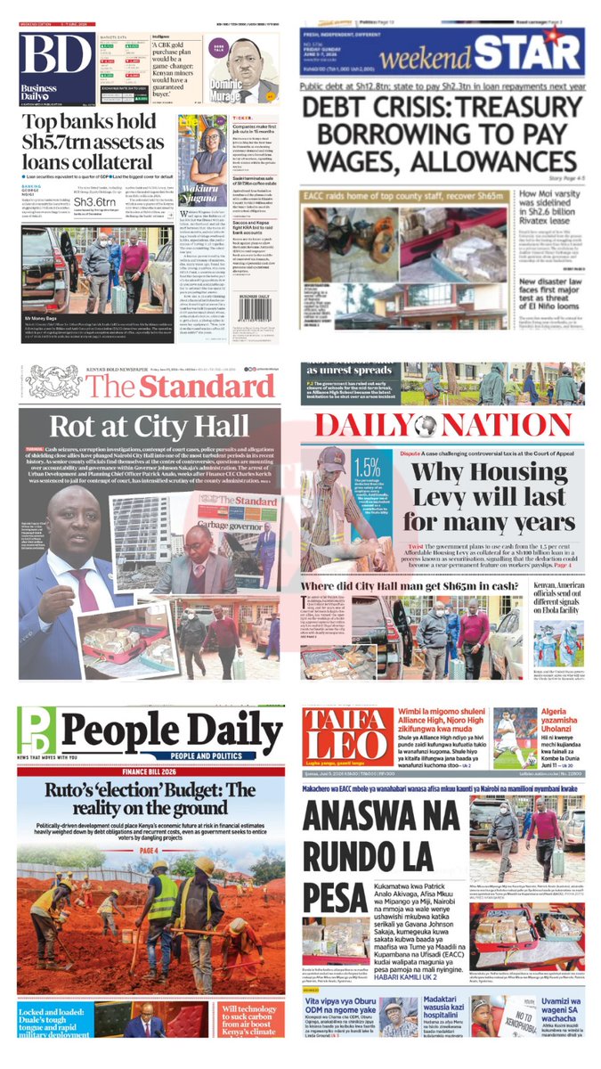 Eastleighvoice's tweet photo. 𝐓𝐇𝐄 𝐊𝐄𝐍𝐘𝐀𝐍 𝐏𝐀𝐏𝐄𝐑𝐒 𝐓𝐎𝐃𝐀𝐘

𝐁𝐔𝐒𝐈𝐍𝐄𝐒𝐒 𝐃𝐀𝐈𝐋𝐘: 𝑻𝒐𝒑 𝒃𝒂𝒏𝒌𝒔 𝒉𝒐𝒍𝒅 𝑺𝒉5.7 𝒕𝒓𝒊𝒍𝒍𝒊𝒐𝒏 𝒂𝒔𝒔𝒆𝒕𝒔 𝒂𝒔 𝒍𝒐𝒂𝒏𝒔 𝒄𝒐𝒍𝒍𝒂𝒕𝒆𝒓𝒂𝒍: Kenya’s top nine banks held Sh5.7 trillion in collateral in December, up from Sh5.1 trillion, highlighting heavy reliance on secured lending. The collateral is 1.5 times their Sh3.6 trillion loan book, exposing borrowers to higher default risk.

𝐓𝐇𝐄 𝐒𝐓𝐀𝐑: 𝑫𝒆𝒃𝒕 𝒄𝒓𝒊𝒔𝒊𝒔: 𝑻𝒓𝒆𝒂𝒔𝒖𝒓𝒚 𝒃𝒐𝒓𝒓𝒐𝒘𝒊𝒏𝒈 𝒕𝒐 𝒑𝒂𝒚 𝒘𝒂𝒈𝒆𝒔, 𝒂𝒍𝒍𝒐𝒘𝒂𝒏𝒄𝒆𝒔: Kenya’s National Treasury is borrowing to fund day-to-day government operations, including salaries and allowances, raising concern among MPs and budget experts. They warn the trend reflects a worsening cash crunch as debt obligations increasingly crowd out domestic revenue.

𝐓𝐇𝐄 𝐒𝐓𝐀𝐍𝐃𝐀𝐑𝐃: 𝑹𝒐𝒕 𝒂𝒕 𝑪𝒊𝒕𝒚 𝑯𝒂𝒍𝒍: Nairobi City Hall is under scrutiny over corruption probes, cash seizures and contempt of court cases involving senior officials in Governor Johnson Sakaja’s administration. The arrest of Urban Development Chief Officer Patrick Analo, weeks after Finance CEC Charles Kerich was jailed, has raised fresh concerns over governance and accountability.

𝐃𝐀𝐈𝐋𝐘 𝐍𝐀𝐓𝐈𝐎𝐍: 𝑾𝒉𝒚 𝑯𝒐𝒖𝒔𝒊𝒏𝒈 𝑳𝒆𝒗𝒚 𝒘𝒊𝒍𝒍 𝒍𝒂𝒔𝒕 𝒇𝒐𝒓 𝒎𝒂𝒏𝒚 𝒚𝒆𝒂𝒓𝒔: The government plans to use the 1.5 per cent Affordable Housing Levy as collateral for a Sh100 billion loan to bridge a Sh118 billion funding gap in the housing programme. The move aims to speed up delivery of affordable homes ahead of the 2027 target.

𝐏𝐄𝐎𝐏𝐋𝐄 𝐃𝐀𝐈𝐋𝐘: 𝑹𝒖𝒕𝒐'𝒔 '𝒆𝒍𝒆𝒄𝒕𝒊𝒐𝒏' 𝑩𝒖𝒅𝒈𝒆𝒕: 𝑻𝒉𝒆 𝒓𝒆𝒂𝒍𝒊𝒕𝒚 𝒐𝒏 𝒕𝒉𝒆 𝒈𝒓𝒐𝒖𝒏𝒅: President William Ruto has allocated Ksh135.8 billion to BETA projects in the 2025/26 budget, mainly for housing and infrastructure, ahead of the 2027 elections. Economists warn the spending could strain the economy amid rising debt and stalled projects.

𝐓𝐀𝐈𝐅𝐀 𝐋𝐄𝐎: 𝑨𝒏𝒂𝒔𝒘𝒂 𝒏𝒂 𝒓𝒖𝒏𝒅𝒐 𝒍𝒂 𝒑𝒆𝒔𝒂: Afisa Mkuu wa Mipango ya Miji wa Kaunti ya Nairobi Patrick Analo amekamatwa na EACC katika operesheni ya usiku, ambapo zaidi ya Sh65.3 milioni zilipatikana nyumbani kwake. EACC inachunguza madai ya ufisadi, mali isiyoelezeka na utoaji wa vibali vya ujenzi visivyo halali jijini Nairobi.