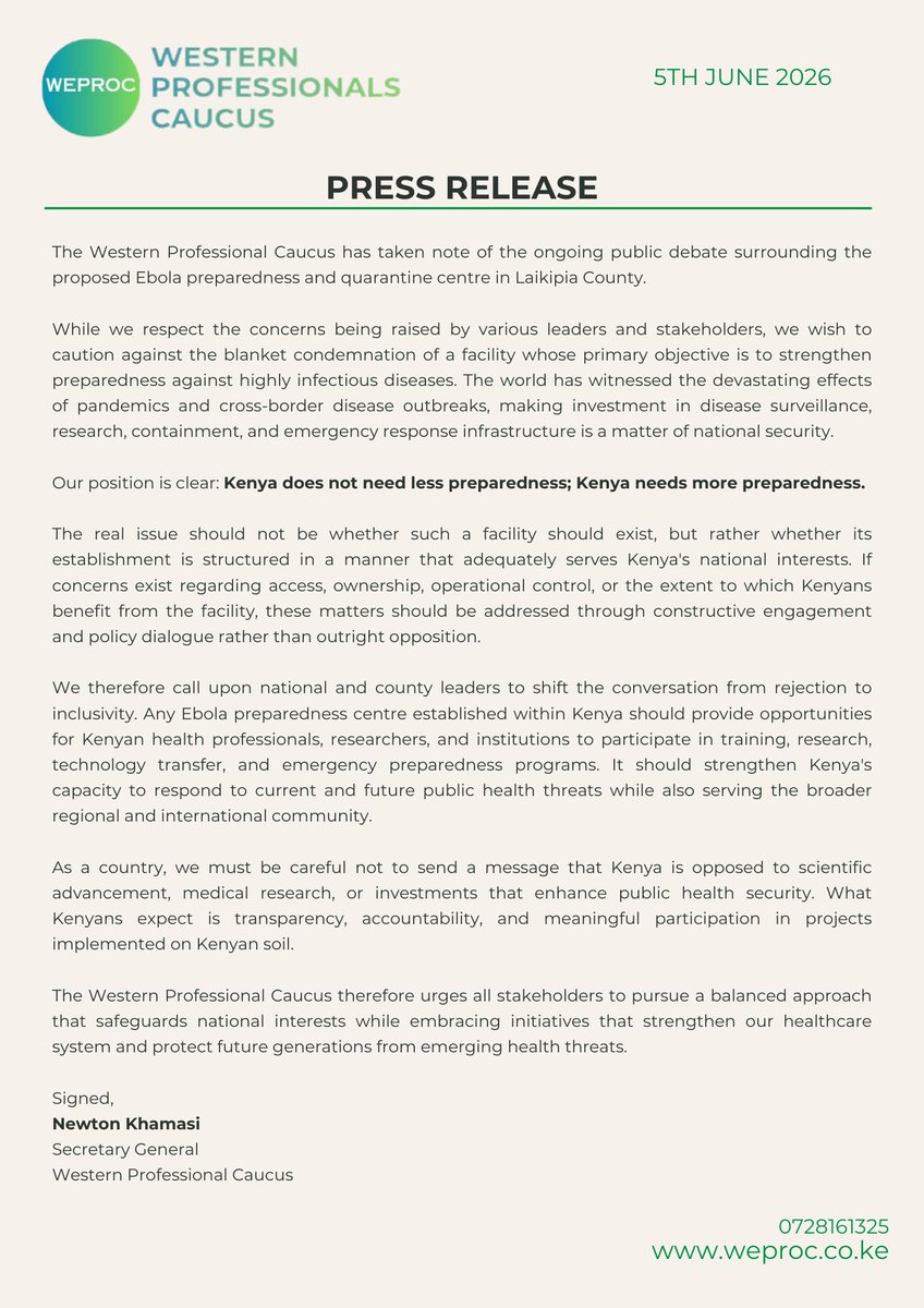 khamasinewton's tweet photo. Statement on Ebola Quarantine facility in Laikipia County https://t.co/mf8Y2tAt8o