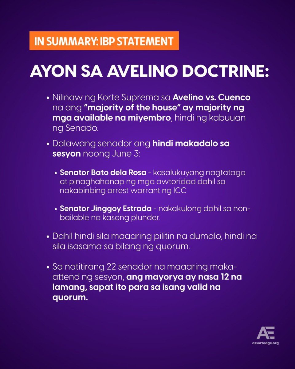 assortedge's tweet photo. Naglabas na ng opisyal na pahayag ang Integrated Bar of the Philippines (IBP) hinggil sa isyu kung valid at legal ba ang isinagawang session ng Senado noong June 3, 2026.

Sa kanilang pahayag, ipinaliwanag ng IBP ang mga legal na batayan na may kaugnayan sa usapin. https://t.co/1FmLOvQJrW